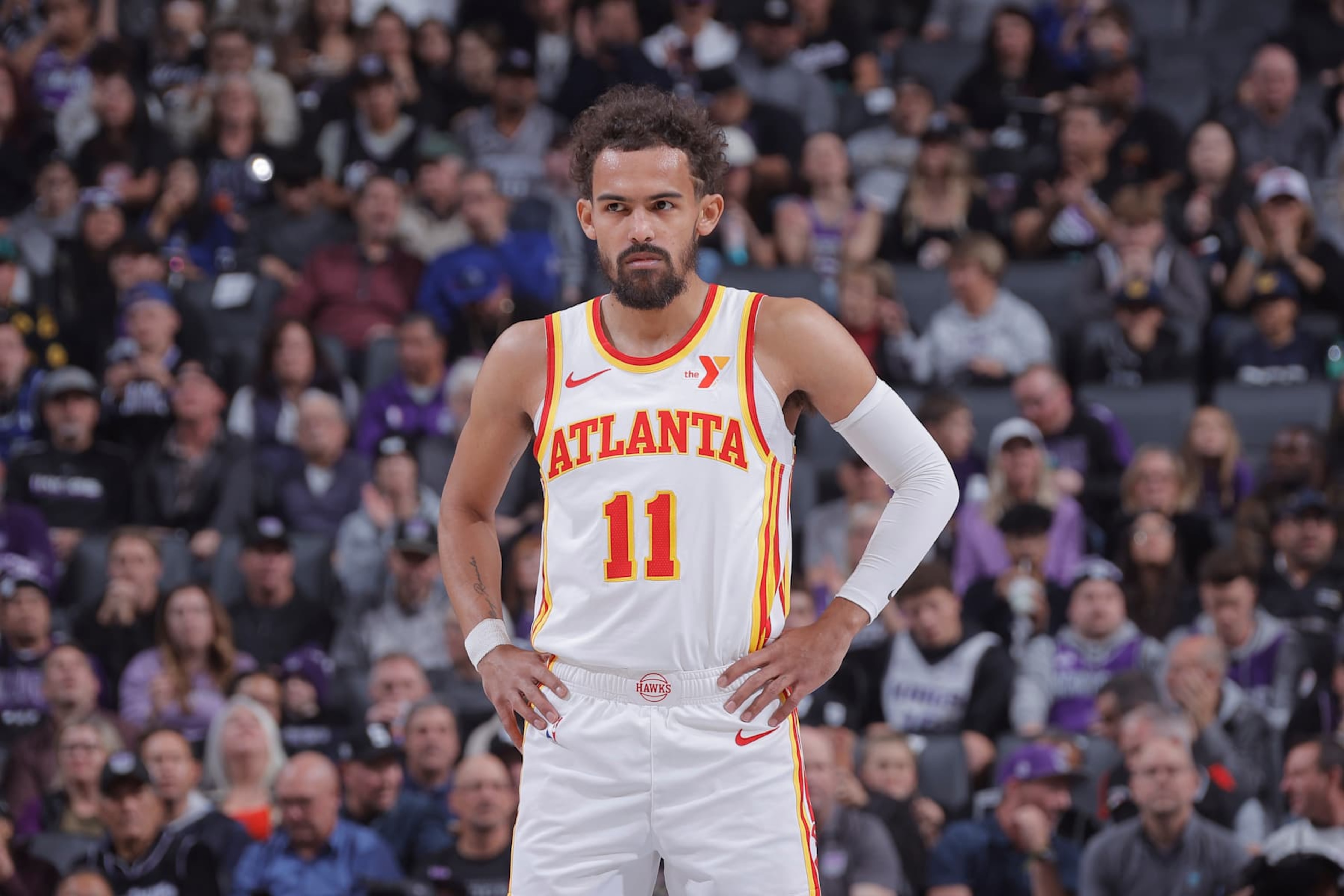 SACRAMENTO, CA - NOVEMBER 18: Trae Young #11 of the Atlanta Hawks looks on during the game against the Sacramento Kings on November 18, 2024 at Golden 1 Center in Sacramento, California. NOTE TO USER: User expressly acknowledges and agrees that, by downloading and or using this Photograph, user is consenting to the terms and conditions of the Getty Images License Agreement. Mandatory Copyright Notice: Copyright 2024 NBAE (Photo by Rocky Widner/NBAE via Getty Images) SACRAMENTO, CA - NOVEMBER 18: Trae Young #11 of the Atlanta Hawks looks on during the game against the Sacramento Kings on November 18, 2024 at Golden 1 Center in Sacramento, California. NOTE TO USER: User expressly acknowledges and agrees that, by downloading and or using this Photograph, user is consenting to the terms and conditions of the Getty Images License Agreement. Mandatory Copyright Notice: Copyright 2024 NBAE (Photo by Rocky Widner/NBAE via Getty Images)