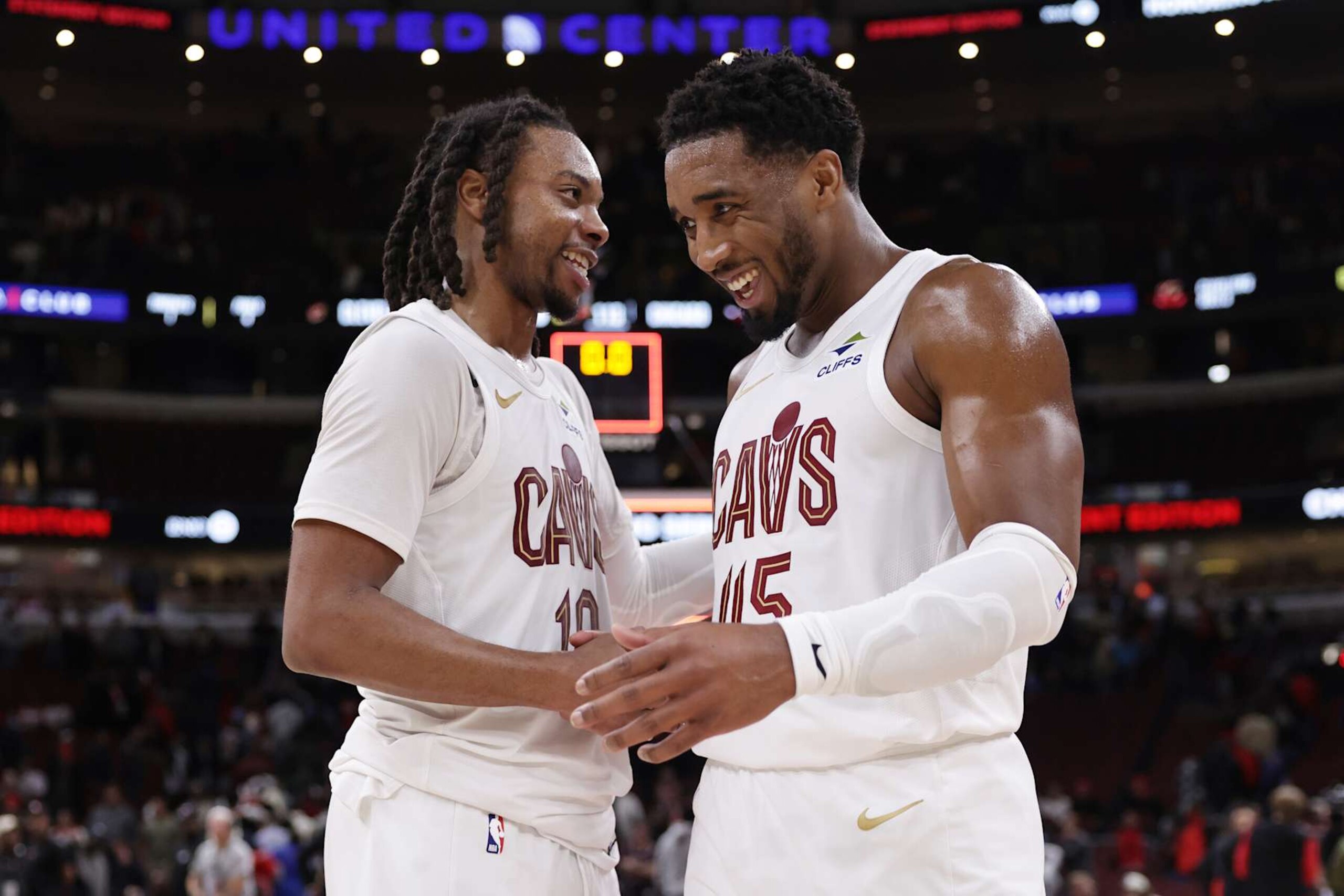 CHICAGO, ILLINOIS - NOVEMBER 11: Darius Garland (L) #10 of the Cleveland Cavaliers and Donovan Mitchell #45 of the Cleveland Cavaliers celebrate their win over the Chicago Bulls at the United Center on November 11, 2024 in Chicago, Illinois. NOTE TO USER: User expressly acknowledges and agrees that, by downloading and or using this photograph, User is consenting to the terms and conditions of the Getty Images License Agreement. (Photo by Geoff Stellfox/Getty Images) CHICAGO, ILLINOIS - NOVEMBER 11: Darius Garland (L) #10 of the Cleveland Cavaliers and Donovan Mitchell #45 of the Cleveland Cavaliers celebrate their win over the Chicago Bulls at the United Center on November 11, 2024 in Chicago, Illinois. NOTE TO USER: User expressly acknowledges and agrees that, by downloading and or using this photograph, User is consenting to the terms and conditions of the Getty Images License Agreement. (Photo by Geoff Stellfox/Getty Images)