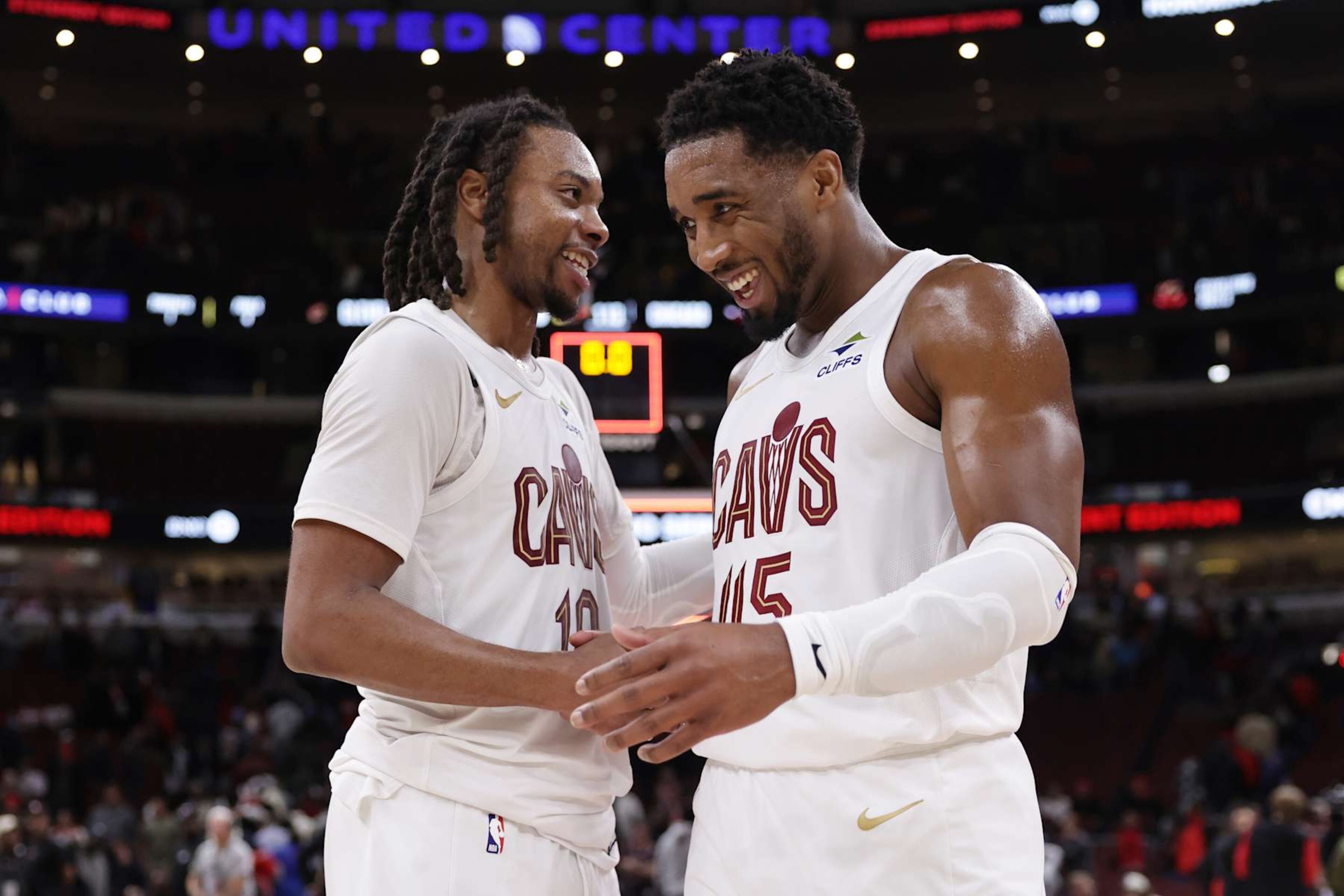 CHICAGO, ILLINOIS - NOVEMBER 11: Darius Garland (L) #10 of the Cleveland Cavaliers and Donovan Mitchell #45 of the Cleveland Cavaliers celebrate their win over the Chicago Bulls at the United Center on November 11, 2024 in Chicago, Illinois. NOTE TO USER: User expressly acknowledges and agrees that, by downloading and or using this photograph, User is consenting to the terms and conditions of the Getty Images License Agreement. (Photo by Geoff Stellfox/Getty Images) CHICAGO, ILLINOIS - NOVEMBER 11: Darius Garland (L) #10 of the Cleveland Cavaliers and Donovan Mitchell #45 of the Cleveland Cavaliers celebrate their win over the Chicago Bulls at the United Center on November 11, 2024 in Chicago, Illinois. NOTE TO USER: User expressly acknowledges and agrees that, by downloading and or using this photograph, User is consenting to the terms and conditions of the Getty Images License Agreement. (Photo by Geoff Stellfox/Getty Images)