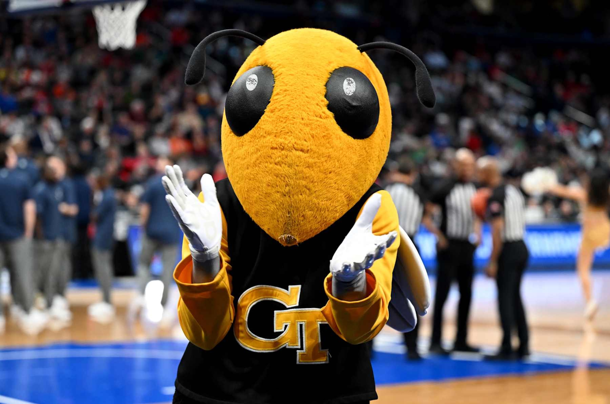 WASHINGTON, DC - MARCH 12: The Georgia Tech Yellow Jackets mascot performs during the game against the Notre Dame Fighting Irish in the First Round of the ACC Men's Basketball Tournament at Capital One Arena on March 12, 2024 in Washington, DC. (Photo by G Fiume/Getty Images) WASHINGTON, DC - MARCH 12: The Georgia Tech Yellow Jackets mascot performs during the game against the Notre Dame Fighting Irish in the First Round of the ACC Men's Basketball Tournament at Capital One Arena on March 12, 2024 in Washington, DC. (Photo by G Fiume/Getty Images)