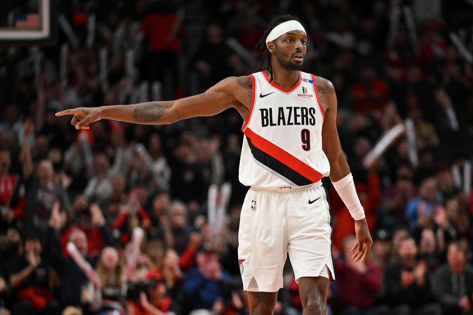 PORTLAND, OREGON - NOVEMBER 13: Jerami Grant #9 of the Portland Trail Blazers gestures during action against the Minnesota Timberwolves at Moda Center on November 13, 2024 in Portland, Oregon. The Portland Trail Blazers won 106-98. NOTE TO USER: User expressly acknowledges and agrees that, by downloading and or using this photograph, User is consenting to the terms and conditions of the Getty Images License Agreement. (Photo by Alika Jenner/Getty Images)