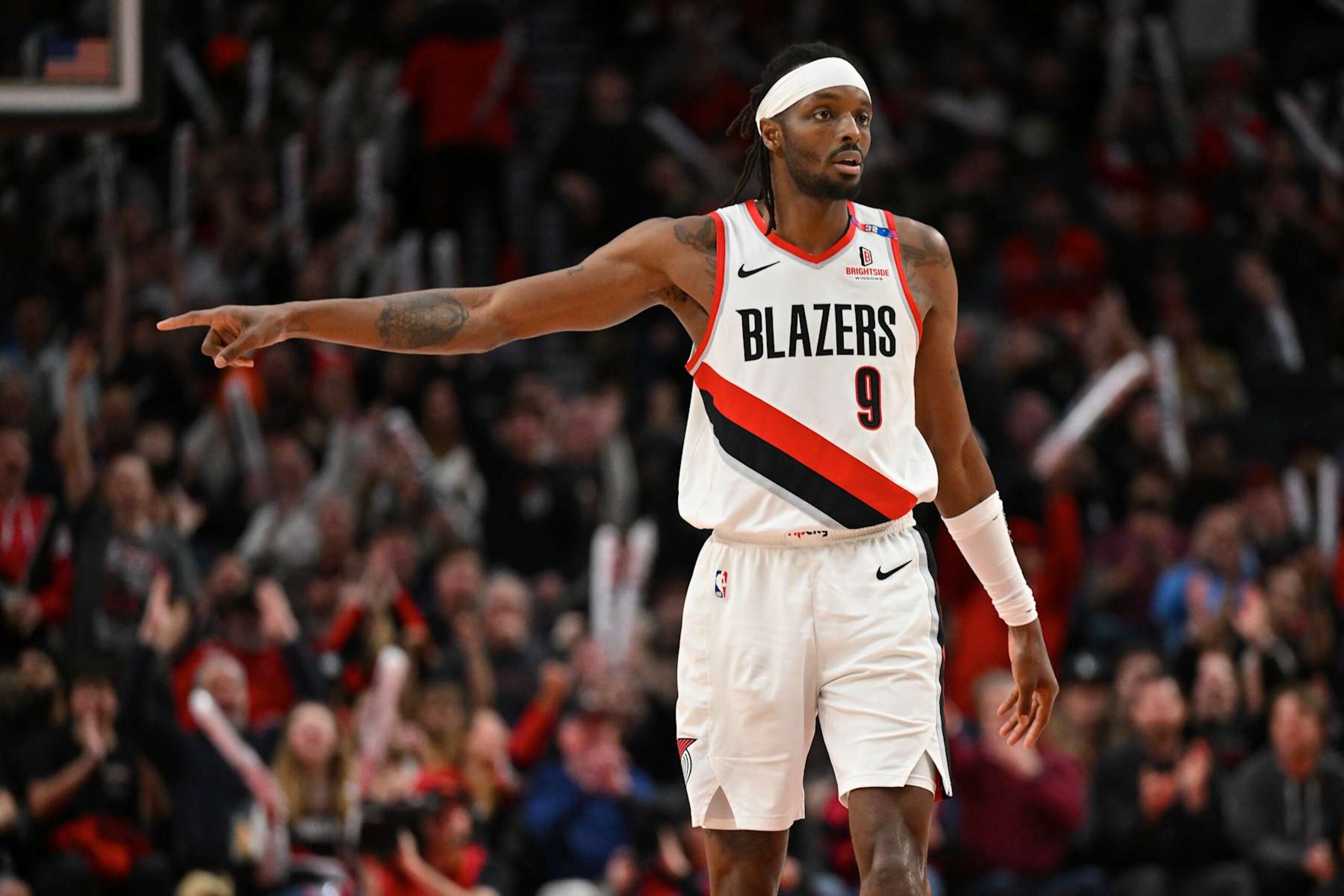 PORTLAND, OREGON - NOVEMBER 13: Jerami Grant #9 of the Portland Trail Blazers gestures during action against the Minnesota Timberwolves at Moda Center on November 13, 2024 in Portland, Oregon. The Portland Trail Blazers won 106-98. NOTE TO USER: User expressly acknowledges and agrees that, by downloading and or using this photograph, User is consenting to the terms and conditions of the Getty Images License Agreement. (Photo by Alika Jenner/Getty Images)