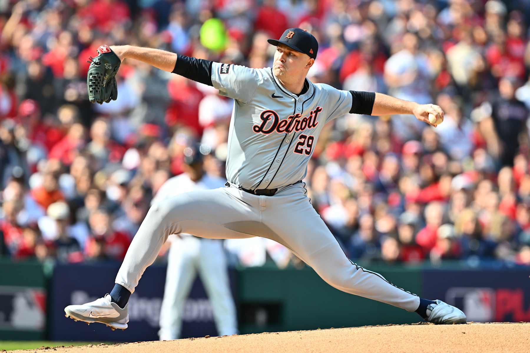 CLEVELAND, OHIO - OCTOBER 12: Tarik Skubal #29 of the Detroit Tigers throws a pitch during the first inning against the Cleveland Guardians during Game Five of the Division Series at Progressive Field on October 12, 2024 in Cleveland, Ohio. (Photo by Jason Miller/Getty Images)