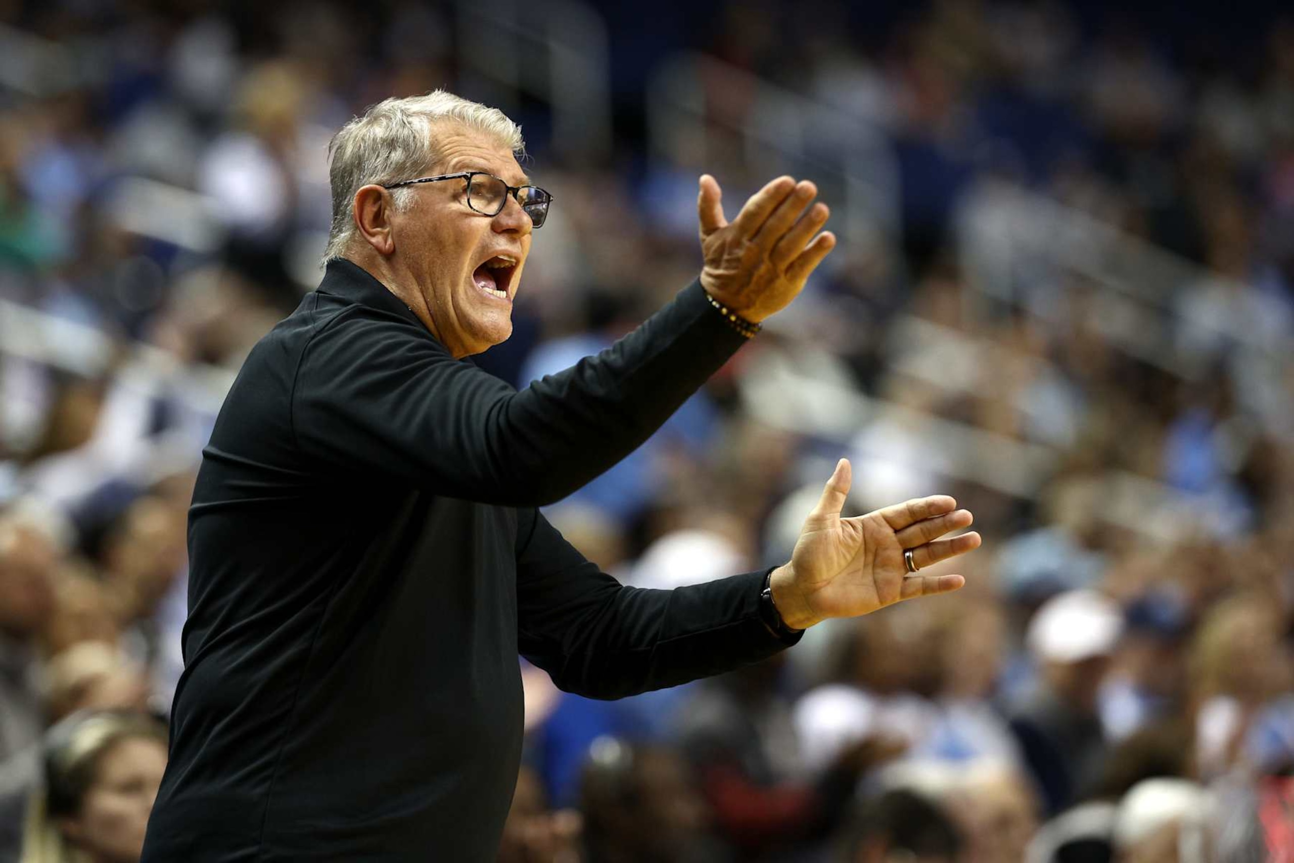 GREENSBORO, NORTH CAROLINA - NOVEMBER 15: Head coach Geno Auriemma of the UConn Huskies reacts during the first half of the game against the North Carolina Tar Heels at First Horizon Coliseum on November 15, 2024 in Greensboro, North Carolina. (Photo by Jared C. Tilton/Getty Images) GREENSBORO, NORTH CAROLINA - NOVEMBER 15: Head coach Geno Auriemma of the UConn Huskies reacts during the first half of the game against the North Carolina Tar Heels at First Horizon Coliseum on November 15, 2024 in Greensboro, North Carolina. (Photo by Jared C. Tilton/Getty Images)