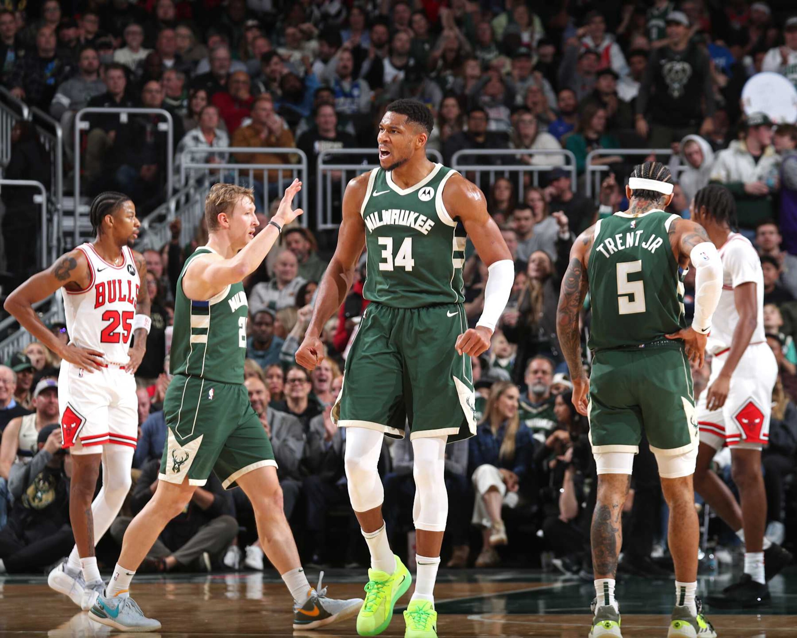 MILWAUKEE, WI - NOVEMBER 20: Giannis Antetokounmpo #34 of the Milwaukee Bucks celebrates during the game against the Chicago Bulls on November 20, 2024 at the Fiserv Forum Center in Milwaukee, Wisconsin. NOTE TO USER: User expressly acknowledges and agrees that, by downloading and or using this Photograph, user is consenting to the terms and conditions of the Getty Images License Agreement. Mandatory Copyright Notice: Copyright 2024 NBAE (Photo by Gary Dineen/NBAE via Getty Images).