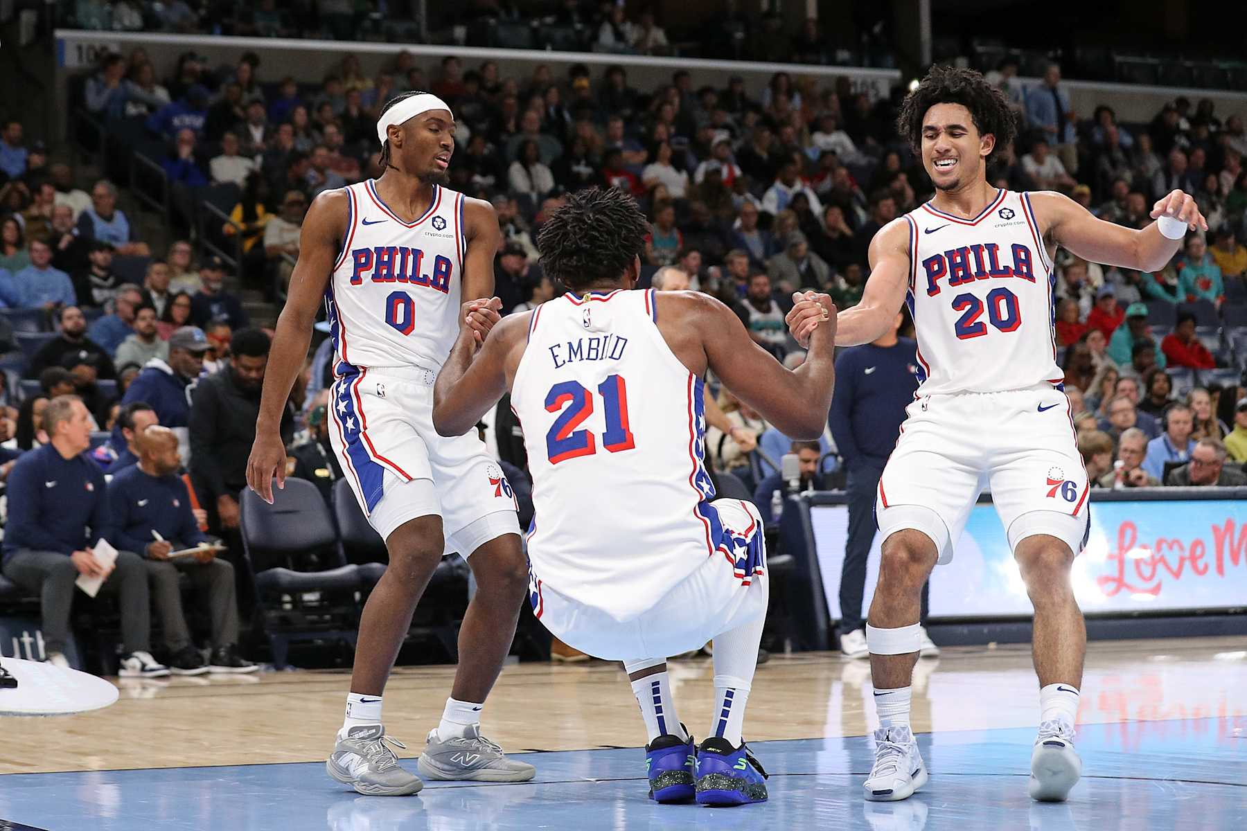 Tyrese Maxey, Joel Embiid and Jared McCain