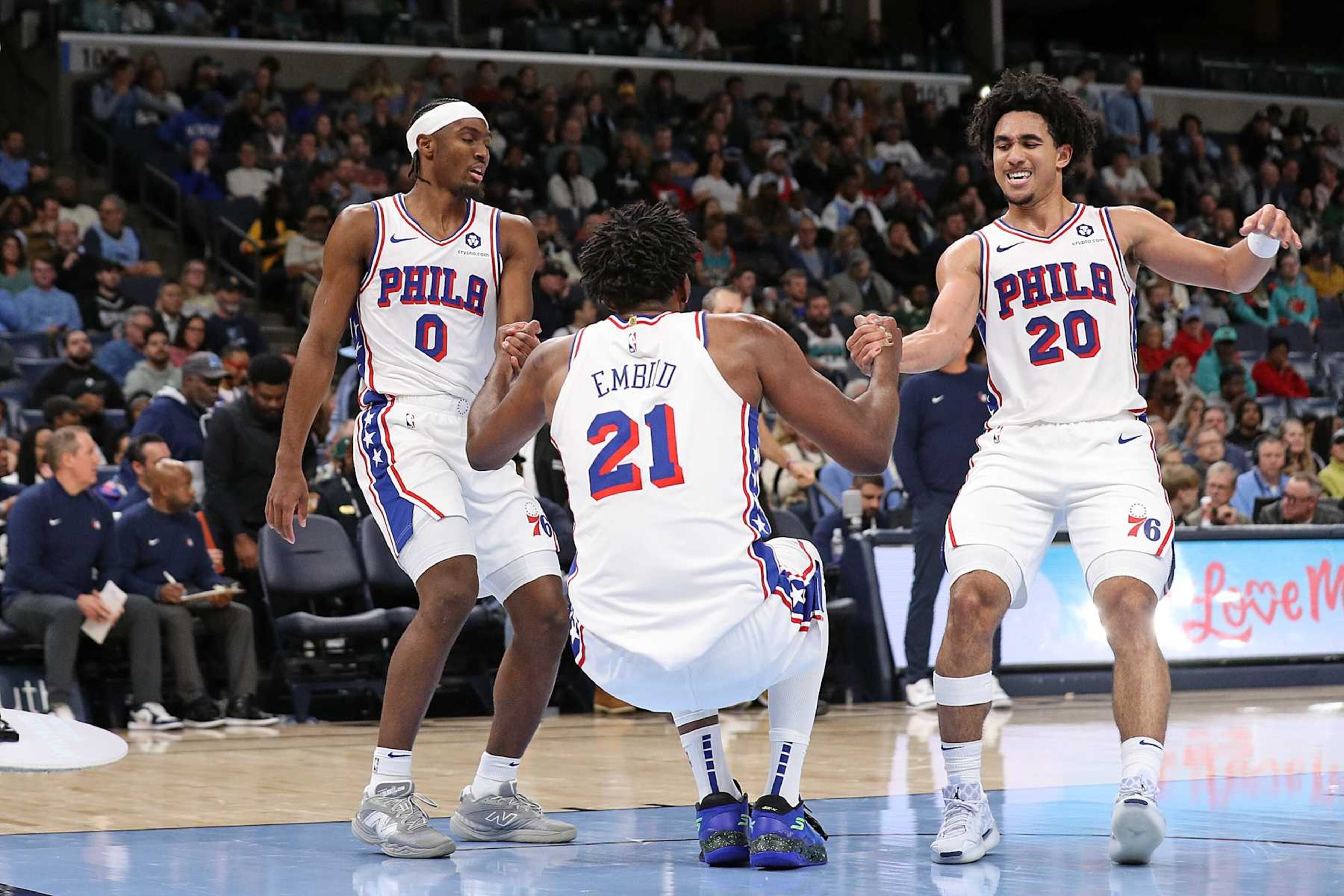 Tyrese Maxey, Joel Embiid and Jared McCain Tyrese Maxey, Joel Embiid and Jared McCain