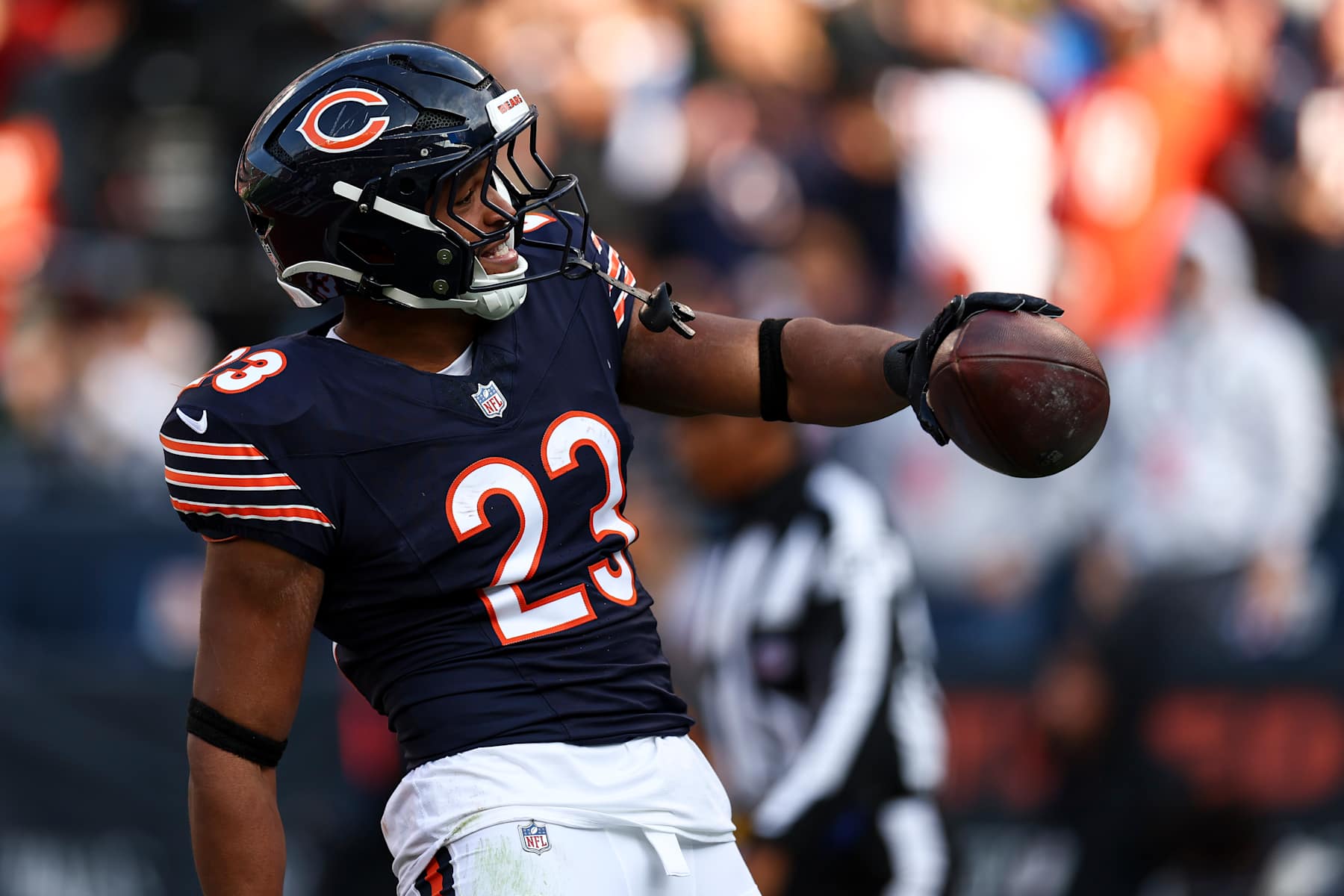 CHICAGO, ILLINOIS - NOVEMBER 17: Roschon Johnson #23 of the Chicago Bears celebrates after scoring a touchdown during the first half of an NFL football game against the Green Bay Packers at Soldier Field on November 17, 2024 in Chicago, Illinois. (Photo by Kevin Sabitus/Getty Images)