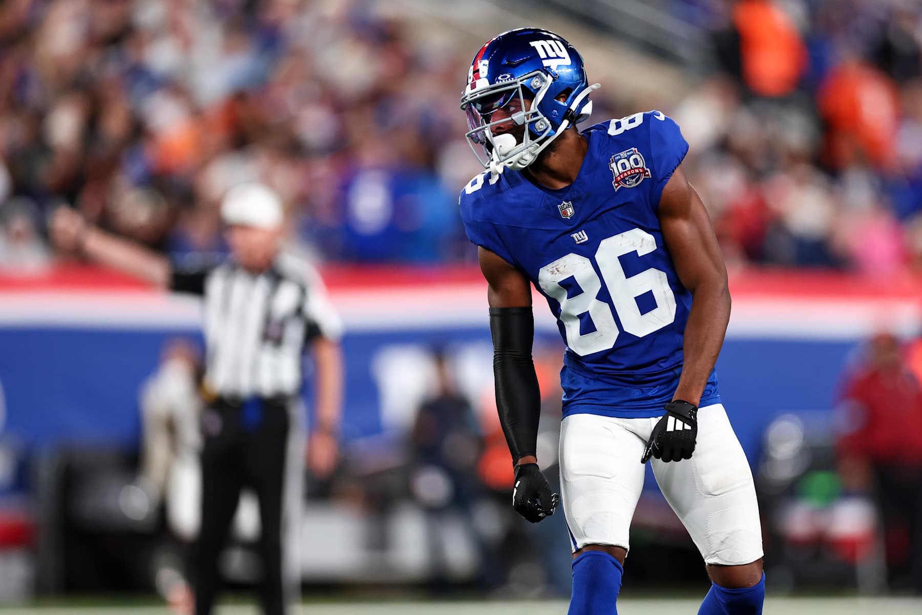 EAST RUTHERFORD, NEW JERSEY - OCTOBER 13: Darius Slayton #86 of the New York Giants lines up before a play during an NFL game against the Cincinnati Bengals at MetLife Stadium on October 13, 2024 in East Rutherford, New Jersey. (Photo by Kevin Sabitus/Getty Images)