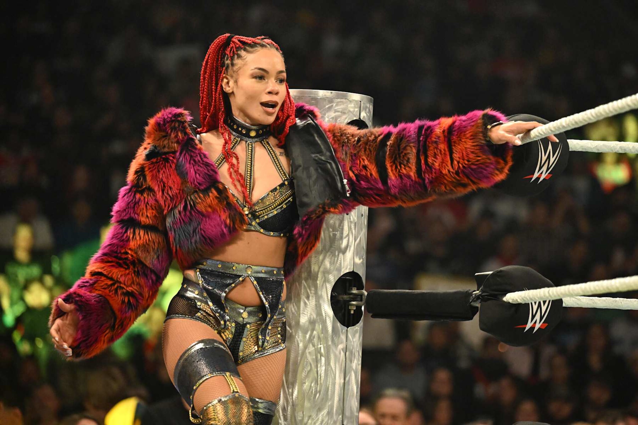 MILWAUKEE, WISCONSIN - NOVEMBER 15: B-Fab makes her entrance to the ring during WWE SmackDown at Fiserv Forum on November 15, 2024 in Milwaukee, Wisconsin.  (Photo by WWE/Getty Images)