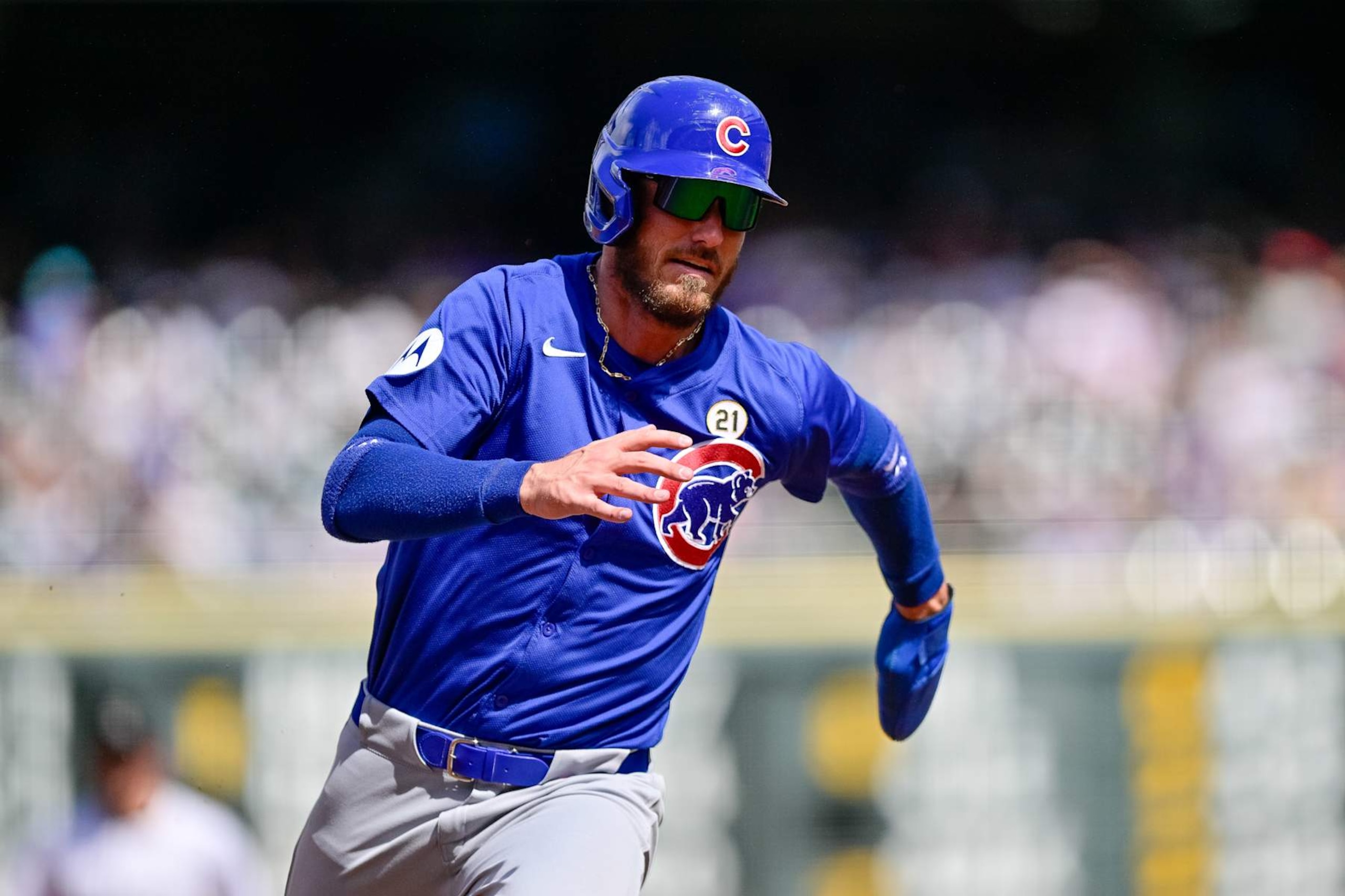 DENVER, COLORADO - SEPTEMBER 15: Cody Bellinger #24 of the Chicago Cubs runs before scoring a run in the third inning against the Colorado Rockies at Coors Field on September 15, 2024 in Denver, Colorado. (Photo by Dustin Bradford/Getty Images)