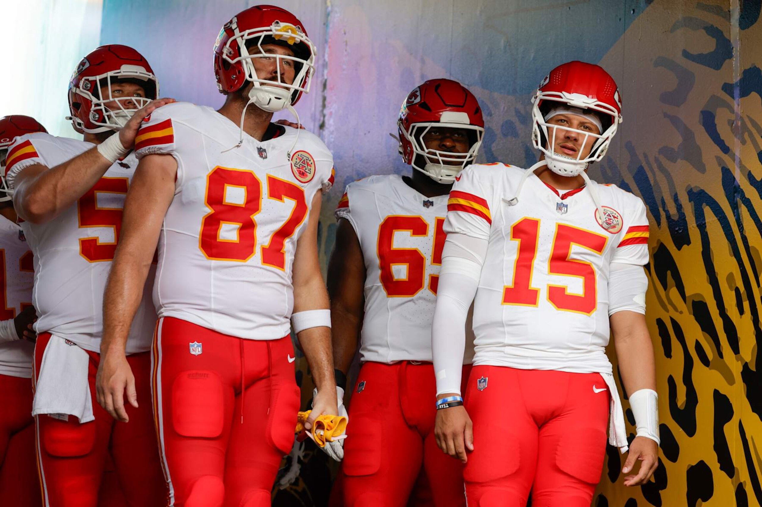 JACKSONVILLE, FL - AUGUST 10: Kansas City Chiefs quarterback Patrick Mahomes (15) and Kansas City Chiefs tight end Travis Kelce (87) line up in the tunnel before the game between the Kansas City Chiefs and the Jacksonville Jaguars on August 10, 2024 at EverBank Stadium in Jacksonville, Fl. (Photo by David Rosenblum/Icon Sportswire via Getty Images)