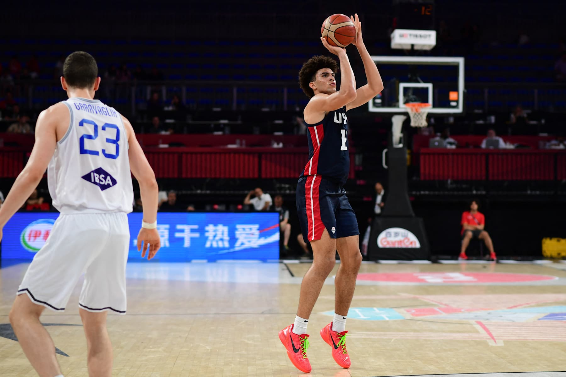 Cameron Boozer, #12 of the United States of America (USA) in action during the FIBA U17 Basketball World Cup - Turkiye 2024 Final match between Italy and the United States of America (USA) at Sinan Erdem Dome in Istanbul, Turkey on July 7, 2024. (Photo by Altan Gocher / Hans Lucas / Hans Lucas via AFP) (Photo by ALTAN GOCHER/Hans Lucas/AFP via Getty Images)
