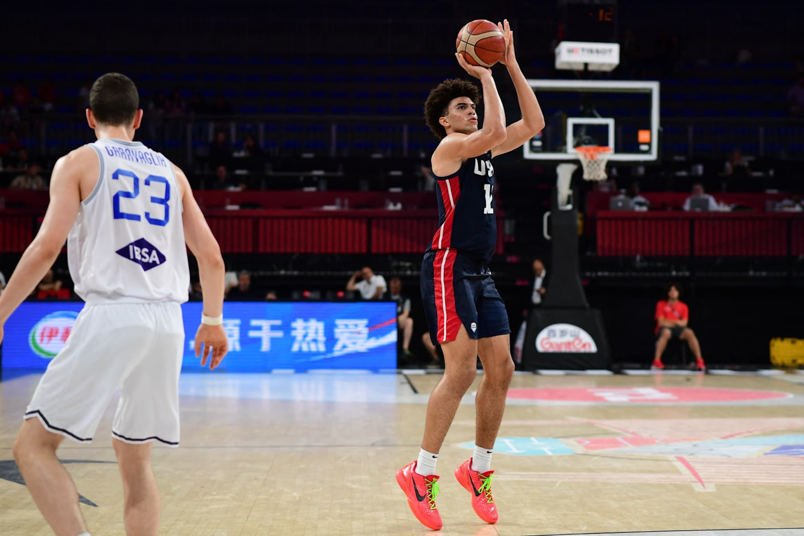 Cameron Boozer, #12 of the United States of America (USA) in action during the FIBA U17 Basketball World Cup - Turkiye 2024 Final match between Italy and the United States of America (USA) at Sinan Erdem Dome in Istanbul, Turkey on July 7, 2024. (Photo by Altan Gocher / Hans Lucas / Hans Lucas via AFP) (Photo by ALTAN GOCHER/Hans Lucas/AFP via Getty Images)