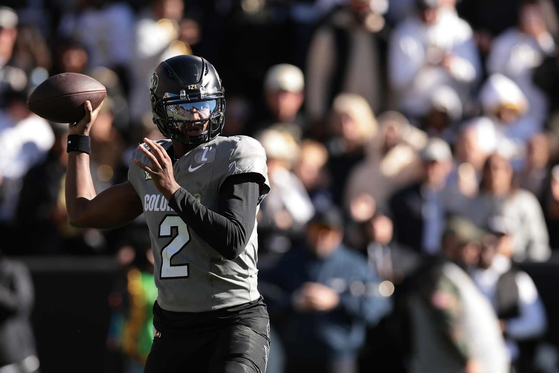 BOULDER, COLORADO - NOVEMBER 16: Shedeur Sanders #2 of Colorado Buffaloes throws a pass during the second quarter against the Utah Utes at Folsom Field on November 16, 2024 in Boulder, Colorado. (Photo by Andrew Wevers/Getty Images)