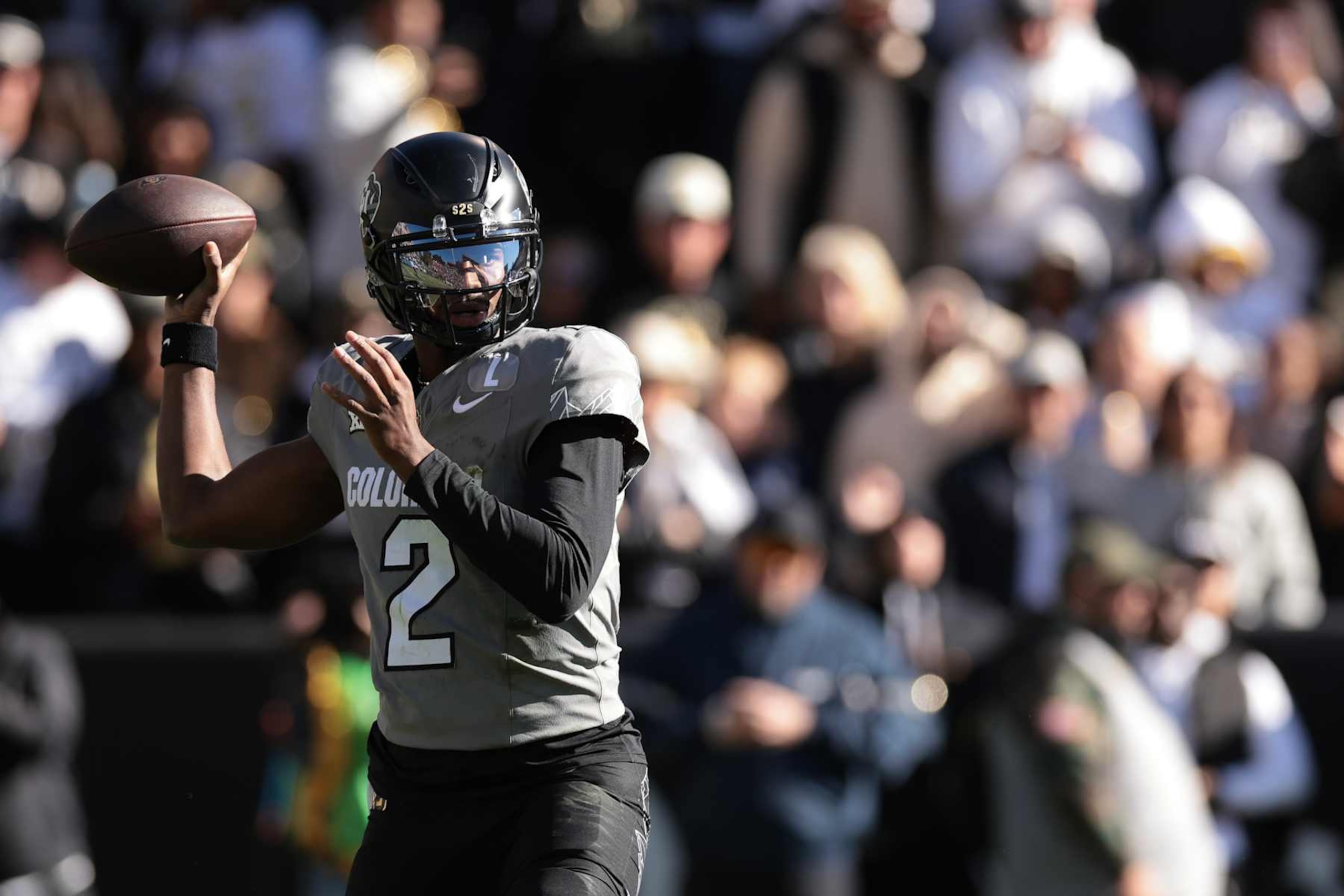 BOULDER, COLORADO - NOVEMBER 16: Shedeur Sanders #2 of Colorado Buffaloes throws a pass during the second quarter against the Utah Utes at Folsom Field on November 16, 2024 in Boulder, Colorado. (Photo by Andrew Wevers/Getty Images)