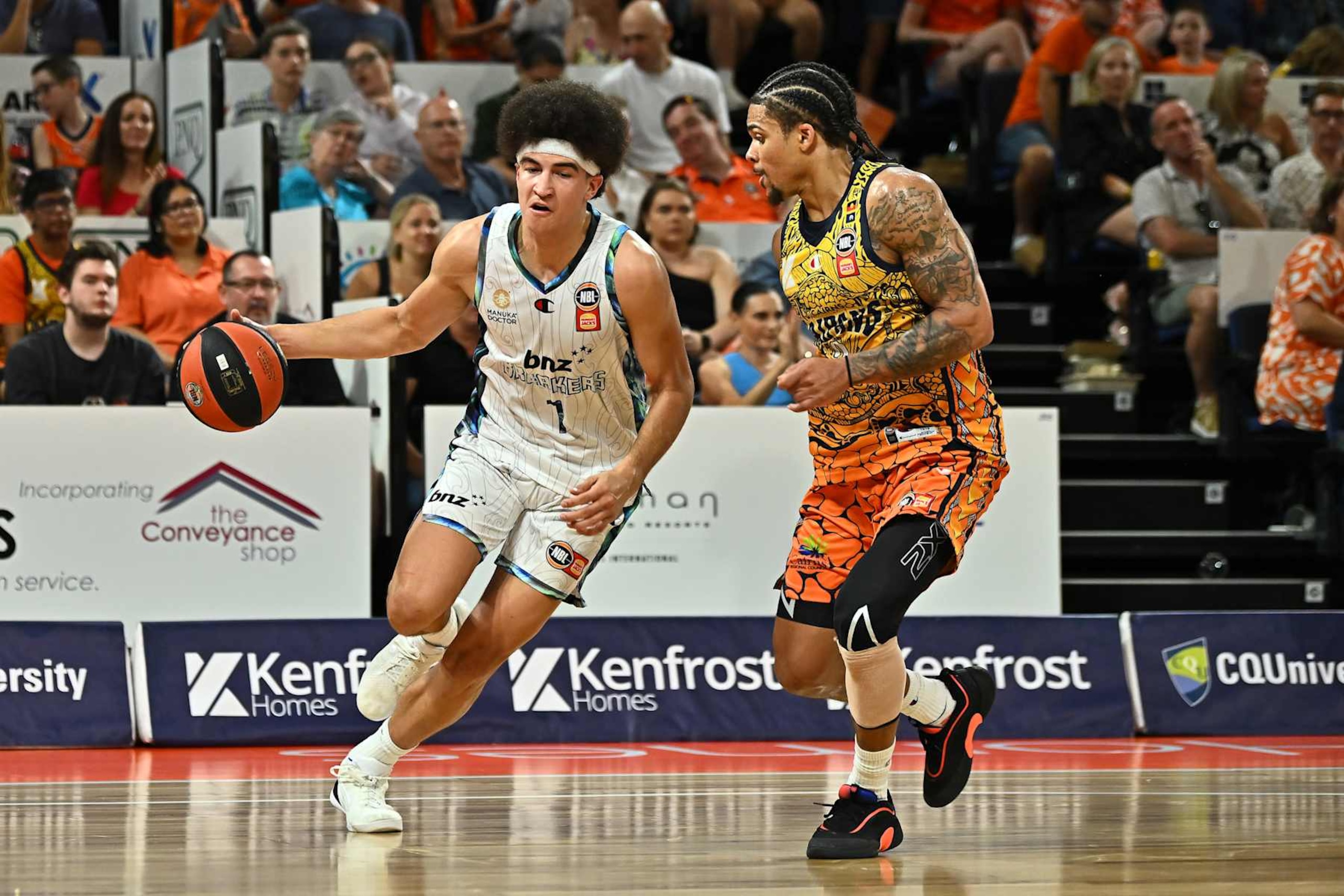 CAIRNS, AUSTRALIA - NOVEMBER 16: Karim Lopez of the New Zealand Breakers  drives up court during the round nine NBL match between Cairns Taipans and New Zealand Breakers at Cairns Convention Centre, on November 16, 2024, in Cairns, Australia. (Photo by Emily Barker/Getty Images)
