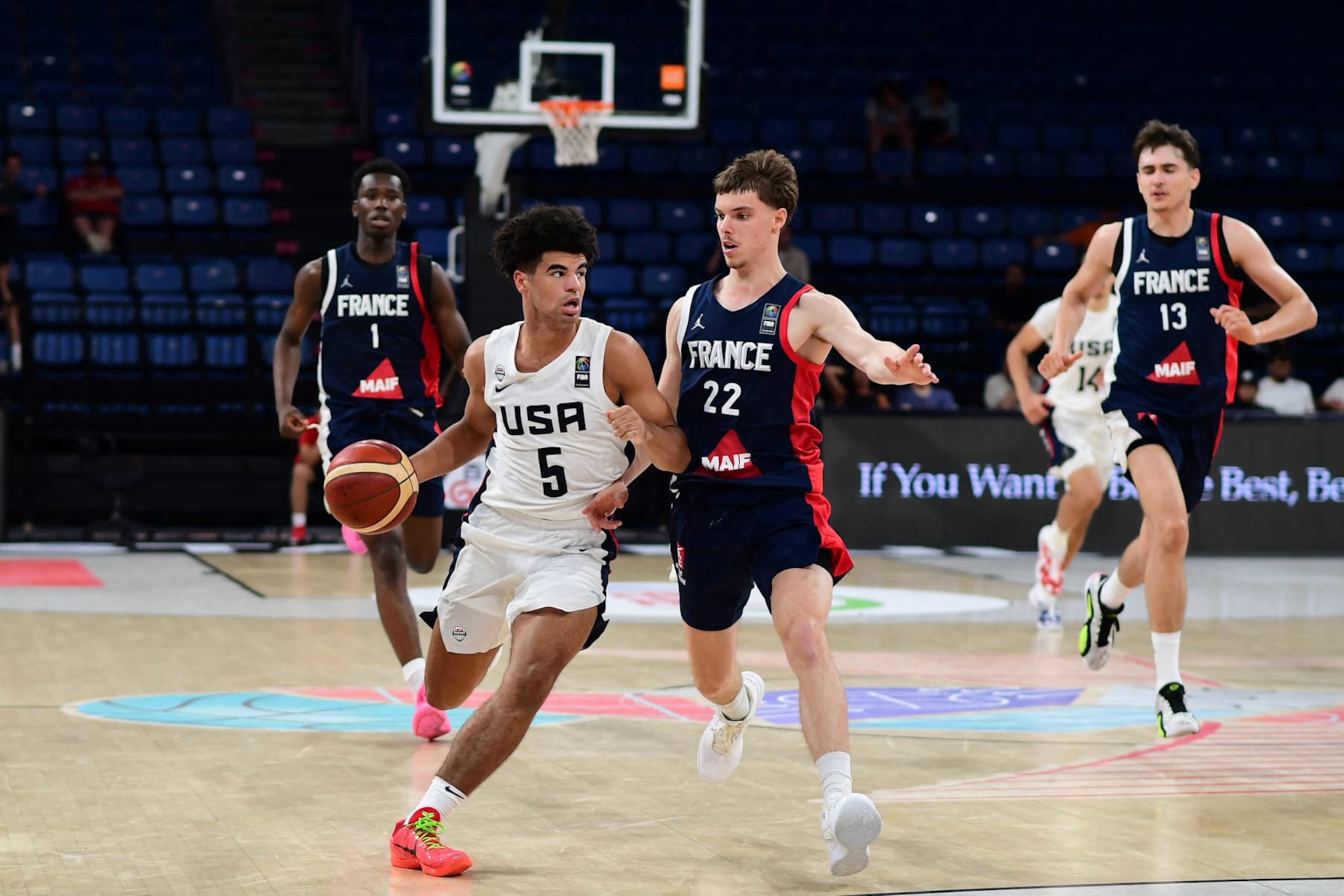 Cayden Boozer, #5 of the United States of America (USA) in action during the FIBA U17 Basketball World Cup - Turkiye 2024 Group B match between the United States of America (USA) and France at Sinan Erdem Dome in Istanbul, Turkey on June 29, 2024. (Photo by Altan Gocher / Hans Lucas / Hans Lucas via AFP) (Photo by ALTAN GOCHER/Hans Lucas/AFP via Getty Images)