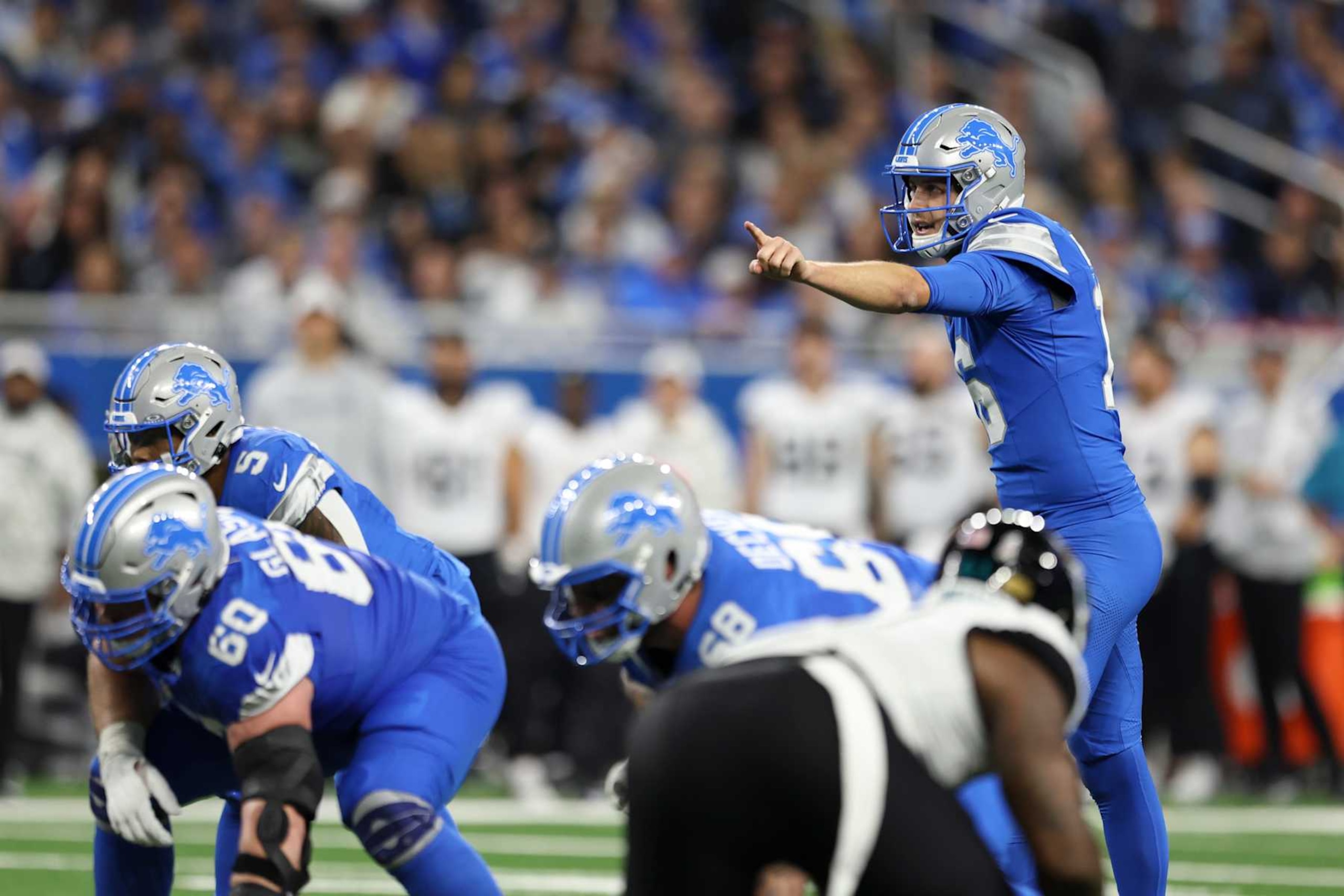 DETROIT, MICHIGAN - NOVEMBER 17: Jared Goff #16 of the Detroit Lions gestures at the line of scrimmage during a game against the Jacksonville Jaguars at Ford Field on November 17, 2024 in Detroit, Michigan. The Lions defeated the Jaguars 52-6. (Kara Durrette/Getty Images)