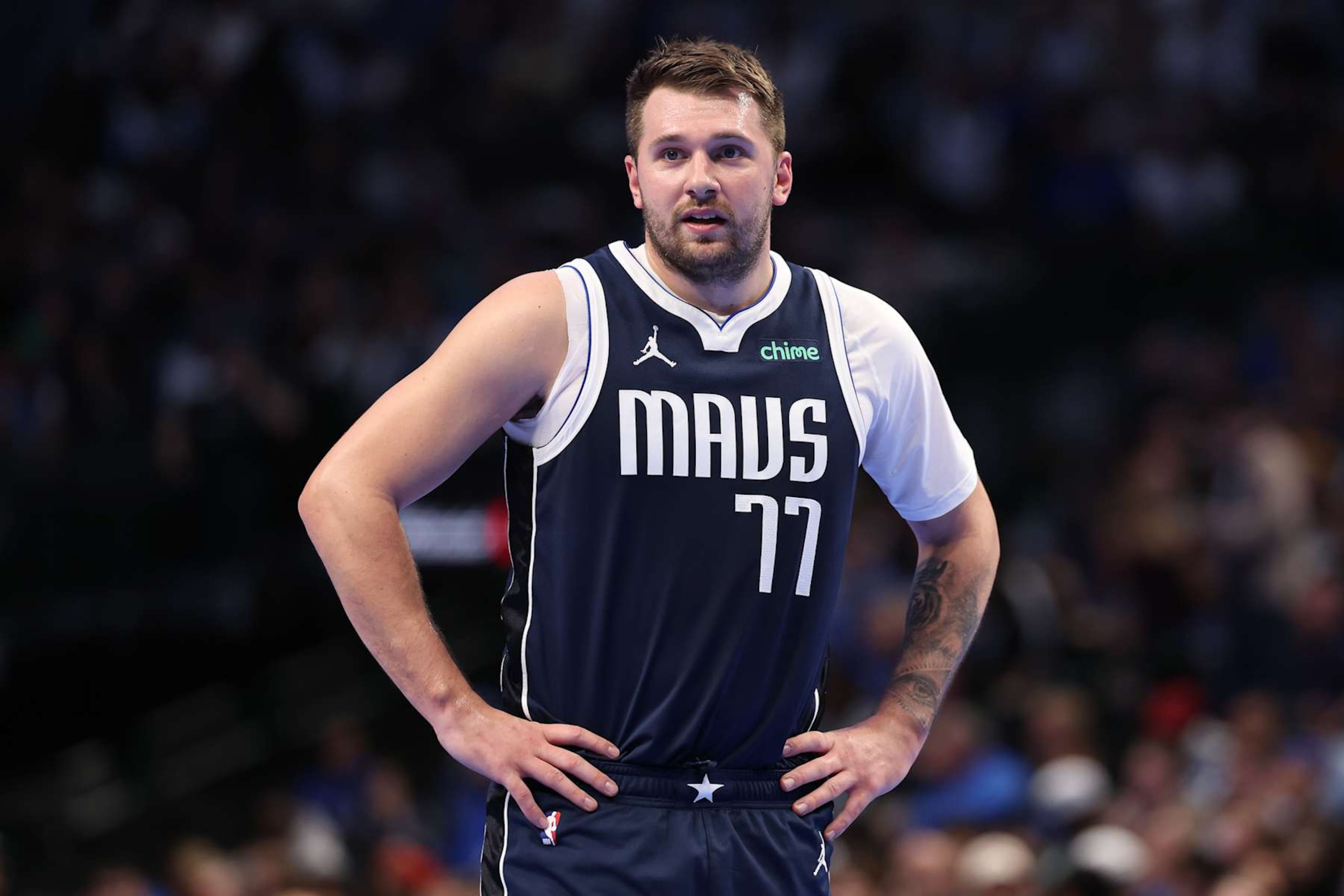 DALLAS, TEXAS - NOVEMBER 19: Luka Doncic #77 of the Dallas Mavericks looks on during the first half of an Emirates NBA Cup against the New Orleans Pelicans game at American Airlines Center on November 19, 2024 in Dallas, Texas. NOTE TO USER: User expressly acknowledges and agrees that, by downloading and/or using this photograph, user is consenting to the terms and conditions of the Getty Images License Agreement. (Photo by Sam Hodde/Getty Images)