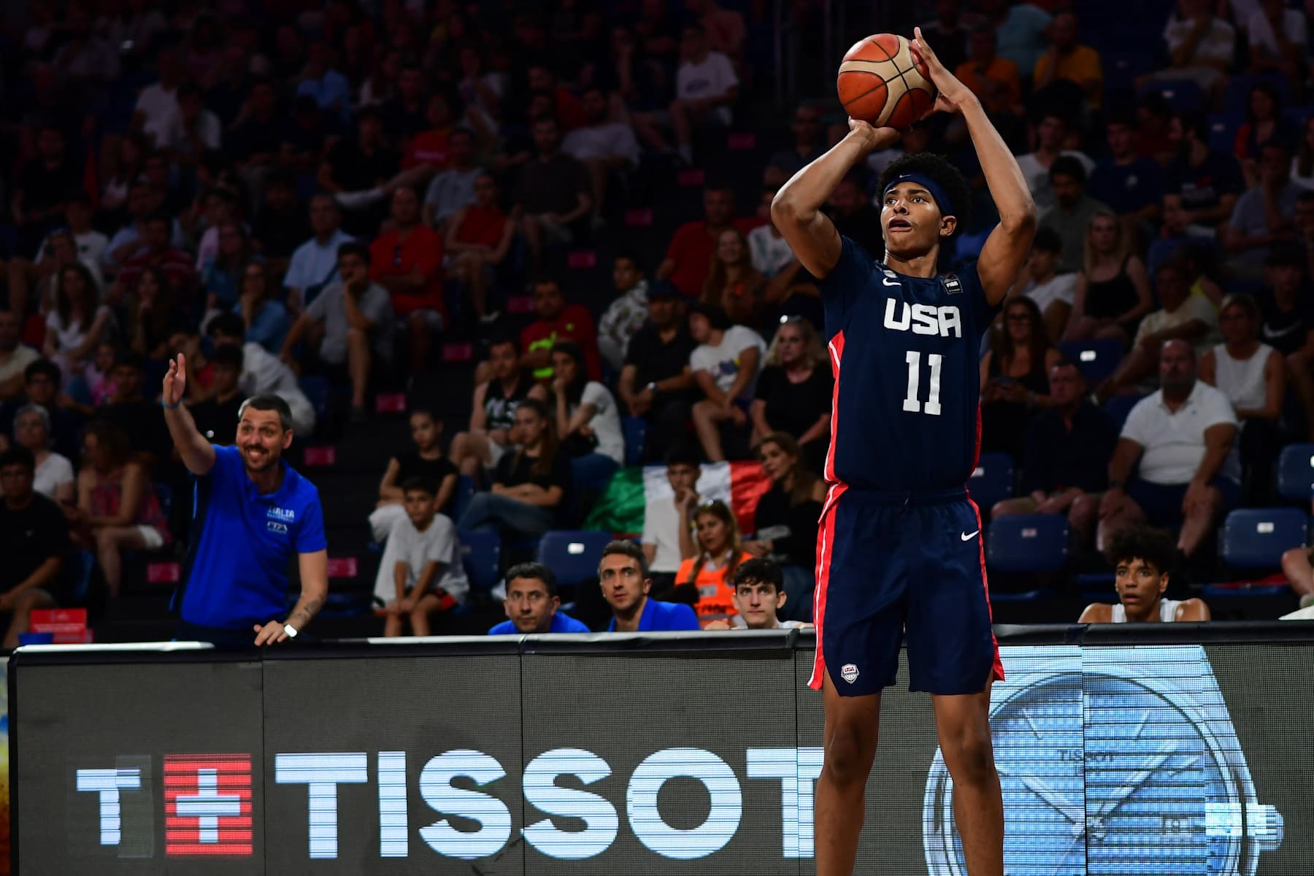 Chris Cenac, #11 of the United States of America (USA) in action during the FIBA U17 Basketball World Cup - Turkiye 2024 Final match between Italy and the United States of America (USA) at Sinan Erdem Dome in Istanbul, Turkey on July 7, 2024. (Photo by Altan Gocher / Hans Lucas / Hans Lucas via AFP) (Photo by ALTAN GOCHER/Hans Lucas/AFP via Getty Images)