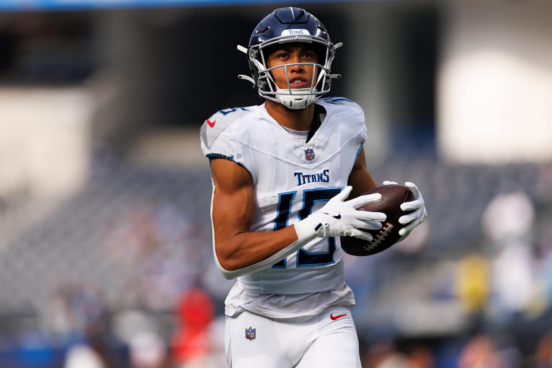 INGLEWOOD, CALIFORNIA - NOVEMBER 10: Nick Westbrook-Ikhine #15 of the Tennessee Titans runs after the catch before a game against the Los Angeles Chargers at SoFi Stadium on November 10, 2024 in Inglewood, California. (Photo by Ric Tapia/Getty Images) INGLEWOOD, CALIFORNIA - NOVEMBER 10: Nick Westbrook-Ikhine #15 of the Tennessee Titans runs after the catch before a game against the Los Angeles Chargers at SoFi Stadium on November 10, 2024 in Inglewood, California. (Photo by Ric Tapia/Getty Images)