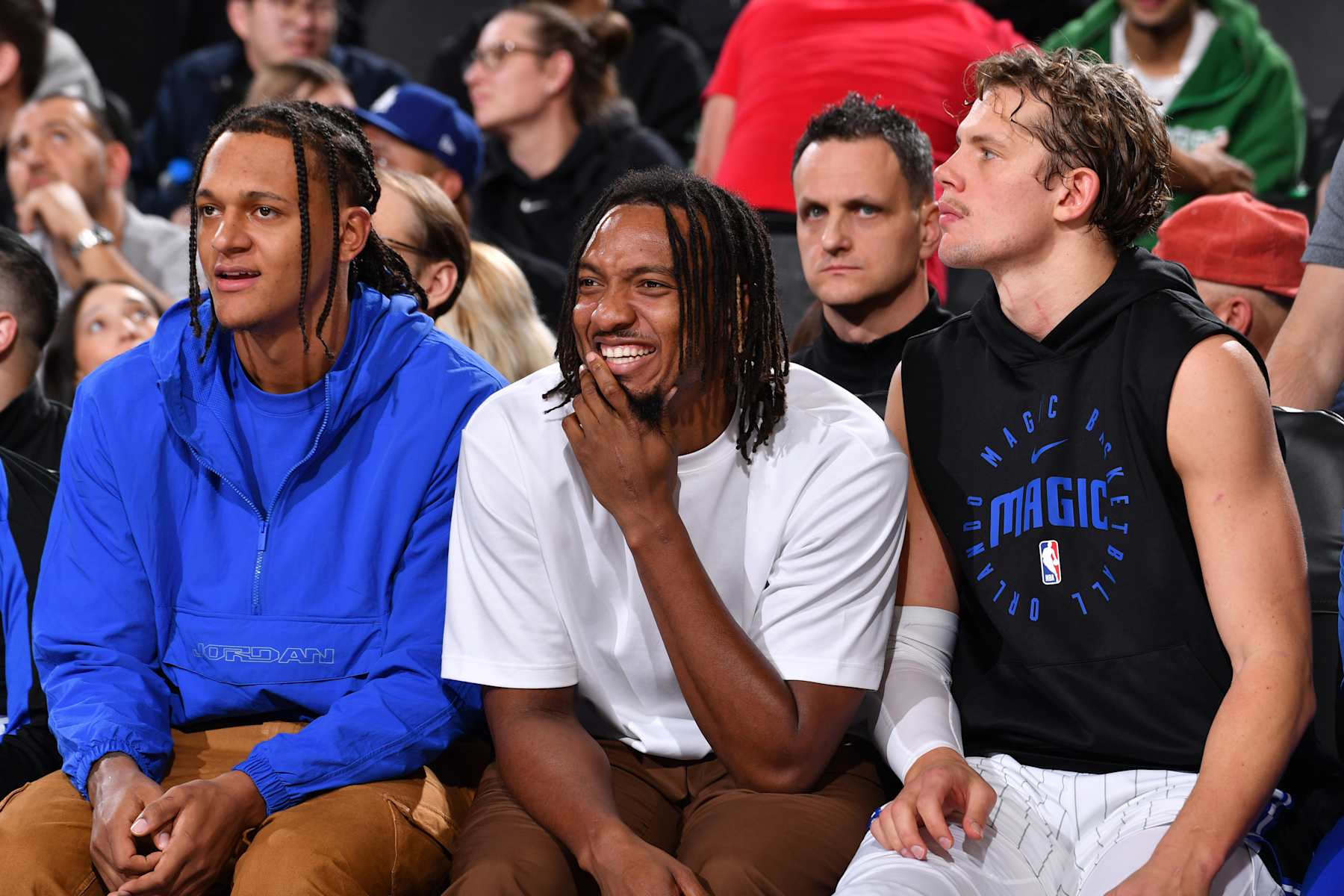 INGLEWOOD, CA - NOVEMBER 20: Paolo Banchero #5, Wendell Carter Jr. #34, and Moritz Wagner #21 of the Orlando Magic look on during the game against the LA Clippers on November 20, 2024 at Intuit Dome in Los Angeles, California. NOTE TO USER: User expressly acknowledges and agrees that, by downloading and/or using this Photograph, user is consenting to the terms and conditions of the Getty Images License Agreement. Mandatory Copyright Notice: Copyright 2024 NBAE (Photo by Juan Ocampo/NBAE via Getty Images)