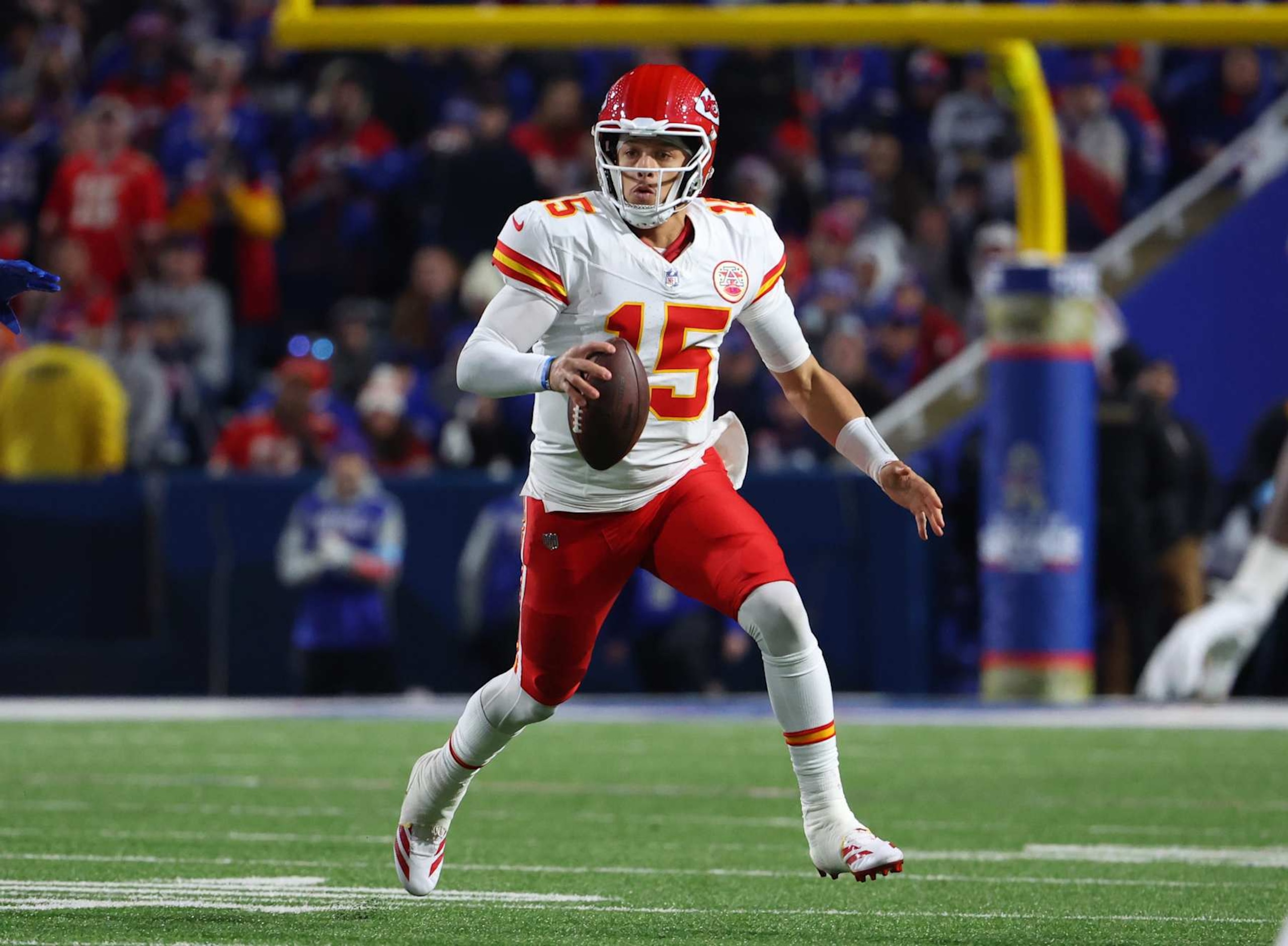 ORCHARD PARK, NEW YORK - NOVEMBER 17: Patrick Mahomes #15 of the Kansas City Chiefs runs the ball during a game against the Buffalo Bills at Highmark Stadium on November 17, 2024 in Orchard Park, New York. (Photo by Timothy T Ludwig/Getty Images)