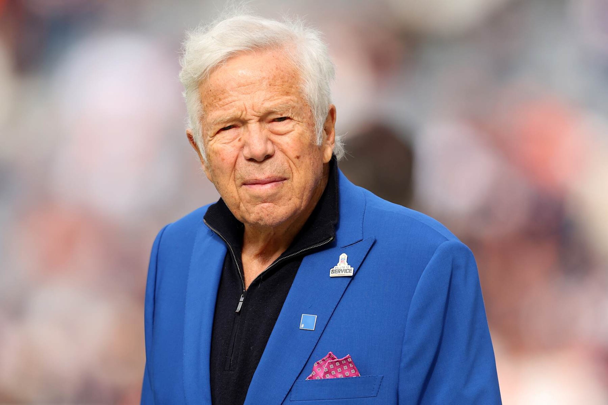 CHICAGO, ILLINOIS - NOVEMBER 10: New England Patriots team owner Robert Kraft looks on before the game against the Chicago Bears at Soldier Field on November 10, 2024 in Chicago, Illinois. (Photo by Michael Reaves/Getty Images)