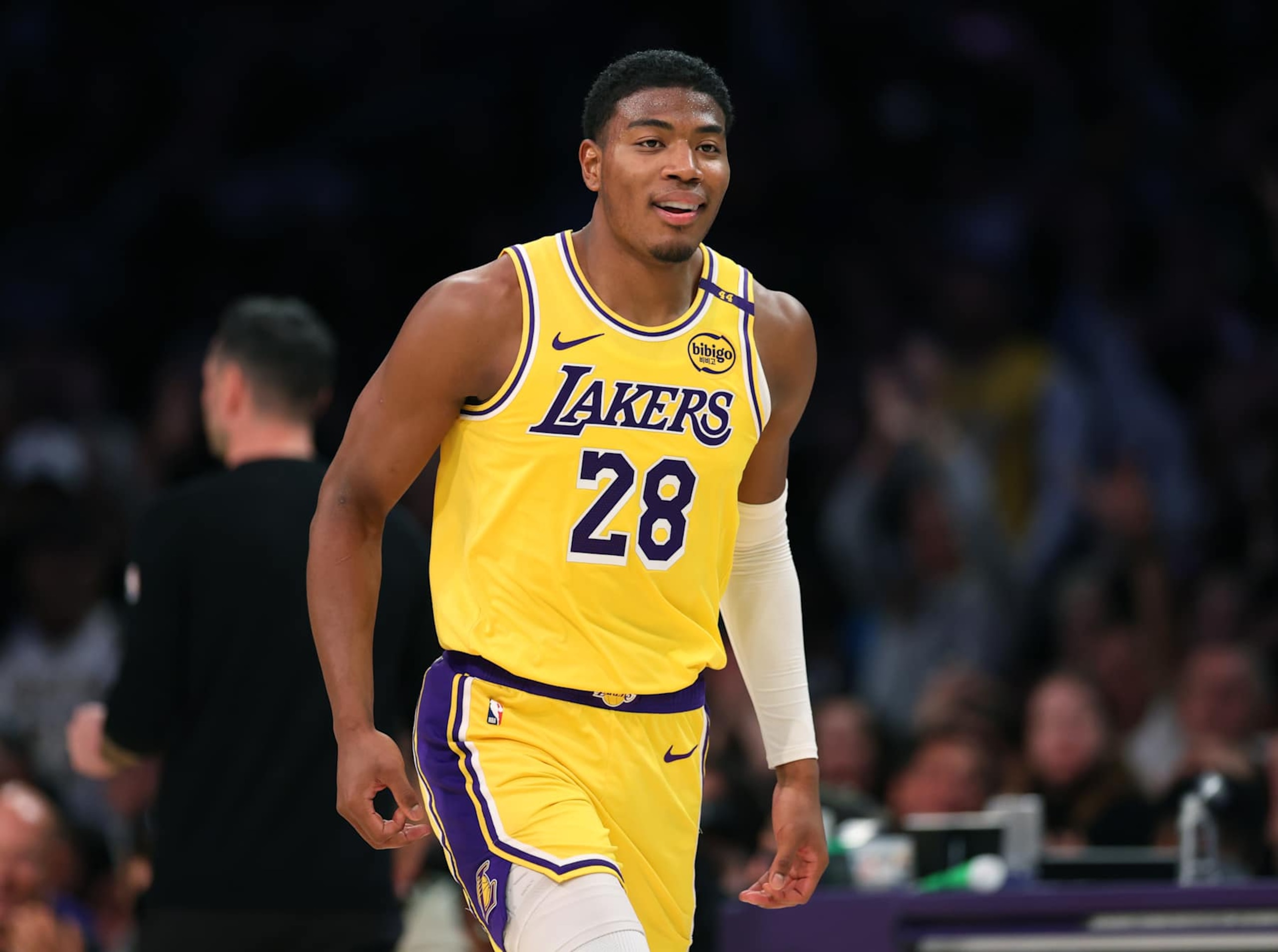 LOS ANGELES, CALIFORNIA - NOVEMBER 13: Rui Hachimura #28 of the Los Angeles Lakers reacts after his three pointer during a 128-123 Lakers win over the Memphis Grizzlies at Crypto.com Arena on November 13, 2024 in Los Angeles, California. (Photo by Harry How/Getty Images) NOTE TO USER: User expressly acknowledges and agrees that, by downloading and or using this photograph, User is consenting to the terms and conditions of the Getty Images License Agreement. (Photo by Harry How/Getty Images)