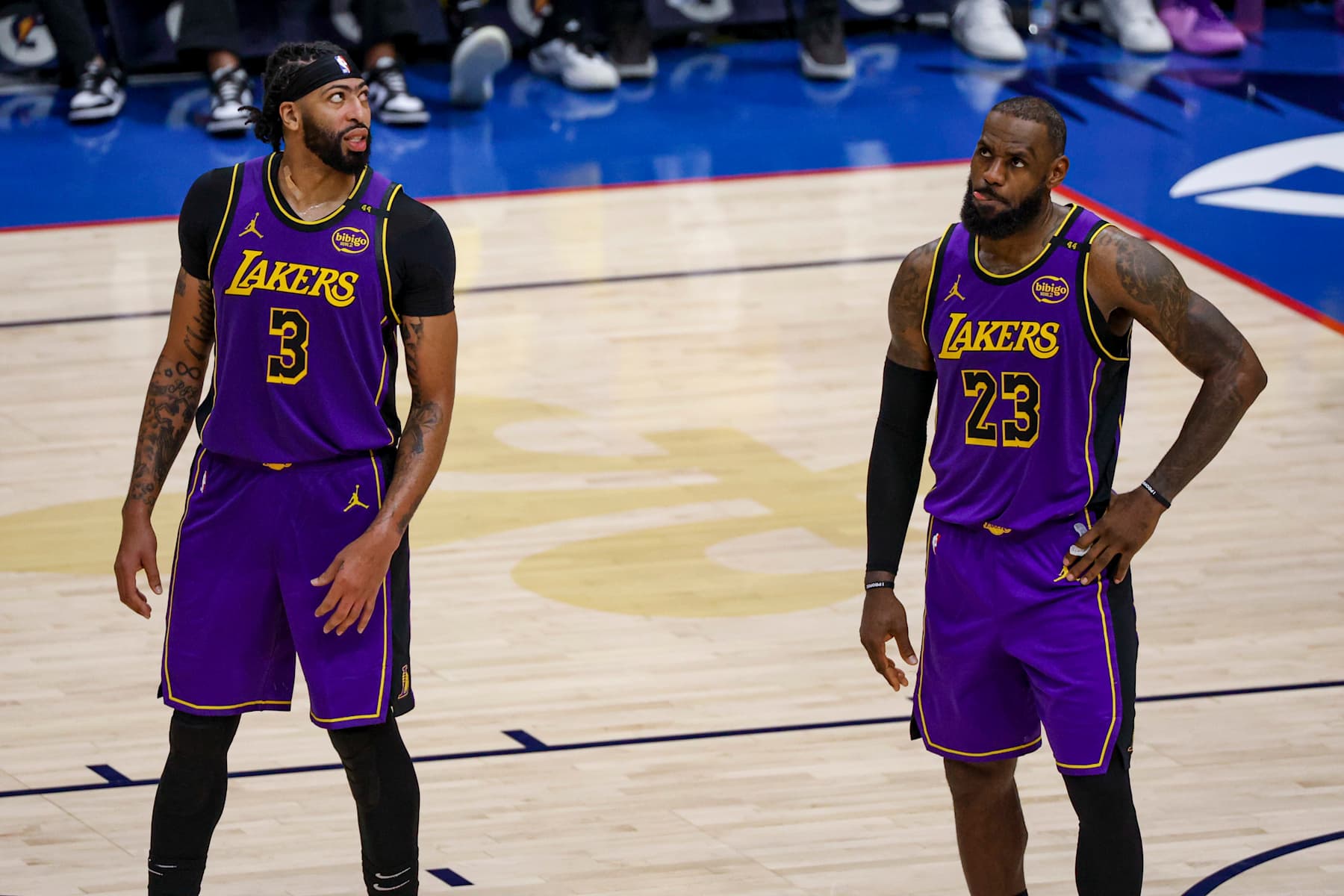 NEW ORLEANS, LOUISIANA - NOVEMBER 16:  Anthony Davis #3 of the Los Angeles Lakers and LeBron James #23 stand during a break in the second half of a game against the New Orleans Pelicans at the Smoothie King Center on November 16, 2024 in New Orleans, Louisiana. NOTE TO USER: User expressly acknowledges and agrees that, by downloading and or using this photograph, User is consenting to the terms and conditions of the Getty Images License Agreement. (Photo by Derick E. Hingle/Getty Images)