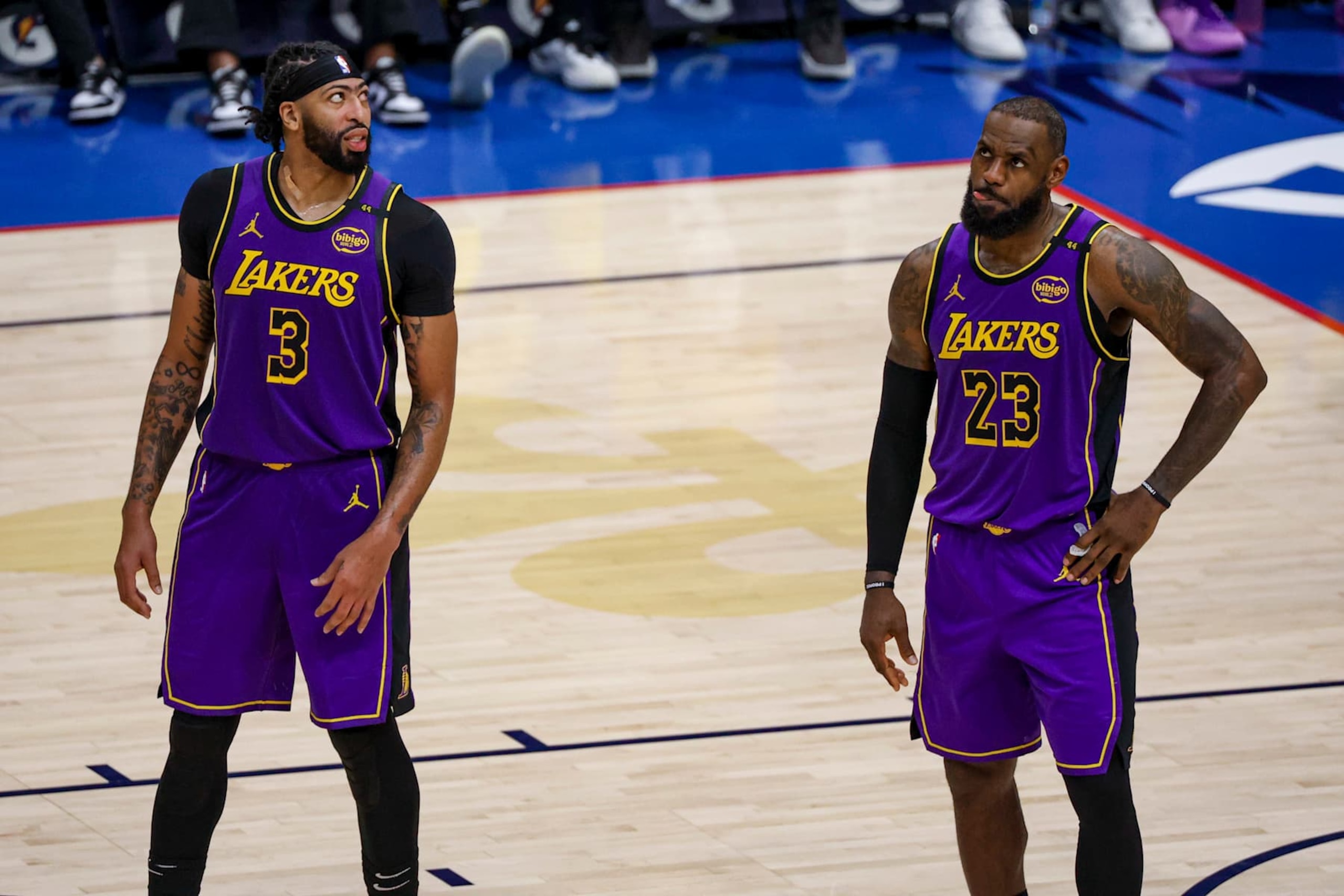 NEW ORLEANS, LOUISIANA - NOVEMBER 16:  Anthony Davis #3 of the Los Angeles Lakers and LeBron James #23 stand during a break in the second half of a game against the New Orleans Pelicans at the Smoothie King Center on November 16, 2024 in New Orleans, Louisiana. NOTE TO USER: User expressly acknowledges and agrees that, by downloading and or using this photograph, User is consenting to the terms and conditions of the Getty Images License Agreement. (Photo by Derick E. Hingle/Getty Images)