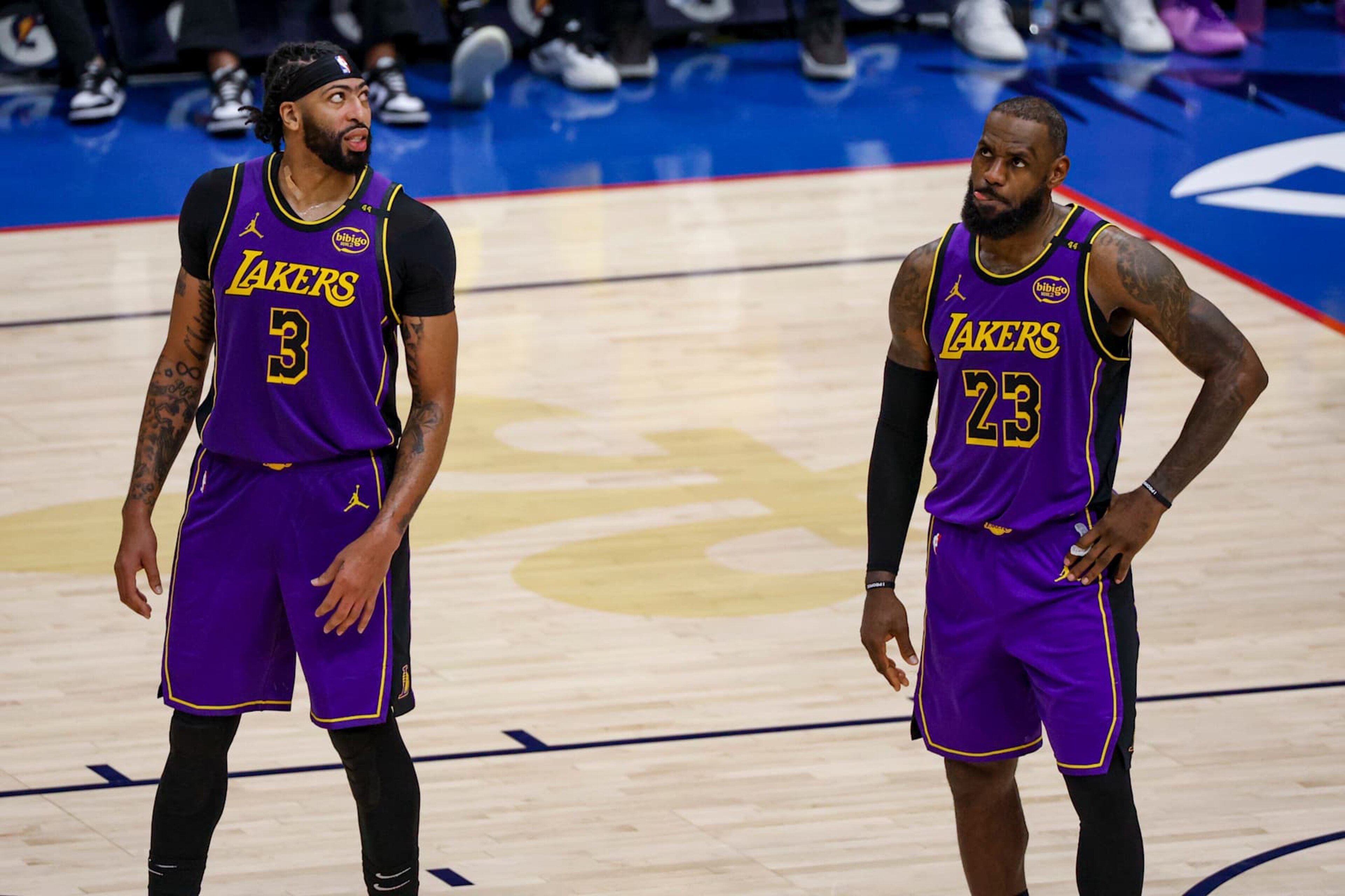 NEW ORLEANS, LOUISIANA - NOVEMBER 16: Anthony Davis #3 of the Los Angeles Lakers and LeBron James #23 stand during a break in the second half of a game against the New Orleans Pelicans at the Smoothie King Center on November 16, 2024 in New Orleans, Louisiana. NOTE TO USER: User expressly acknowledges and agrees that, by downloading and or using this photograph, User is consenting to the terms and conditions of the Getty Images License Agreement. (Photo by Derick E. Hingle/Getty Images) NEW ORLEANS, LOUISIANA - NOVEMBER 16: Anthony Davis #3 of the Los Angeles Lakers and LeBron James #23 stand during a break in the second half of a game against the New Orleans Pelicans at the Smoothie King Center on November 16, 2024 in New Orleans, Louisiana. NOTE TO USER: User expressly acknowledges and agrees that, by downloading and or using this photograph, User is consenting to the terms and conditions of the Getty Images License Agreement. (Photo by Derick E. Hingle/Getty Images)