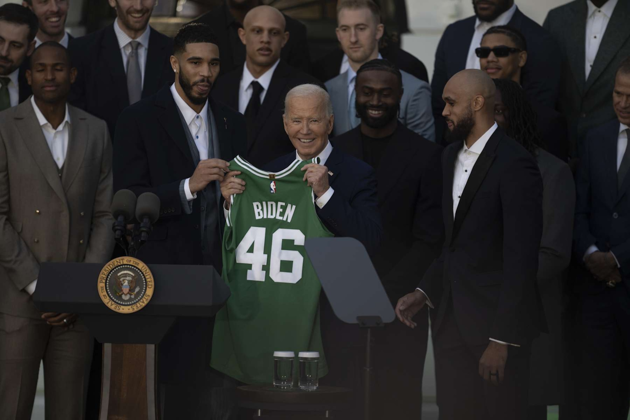 WASHINGTON DC, UNITED STATES - NOVEMBER 21: US President Joe Biden attends the 2024 NBA Championship Celebration event at the White House in Washington D.C., United States on November 21, 2024. (Photo by Celal Gunes/Anadolu via Getty Images)