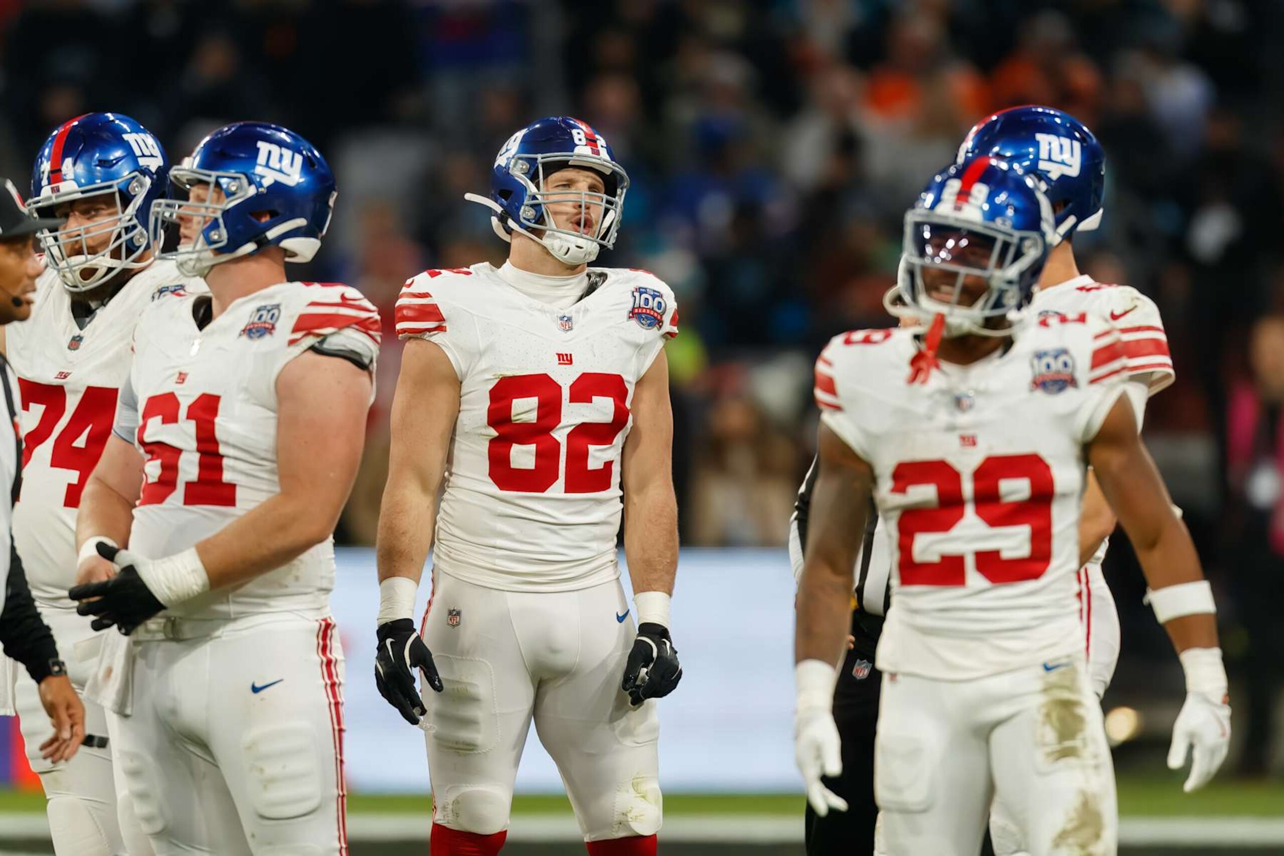 Munich, Germany - November 10: Daniel Bellinger of New York Giants looks on during the NFL Munich Game 2024 between New York Giants and Carolina Panthers at Allianz Arena on November 10, 2024 in Munich, Germany. (Photo by Mario Hommes/DeFodi Images via Getty Images)