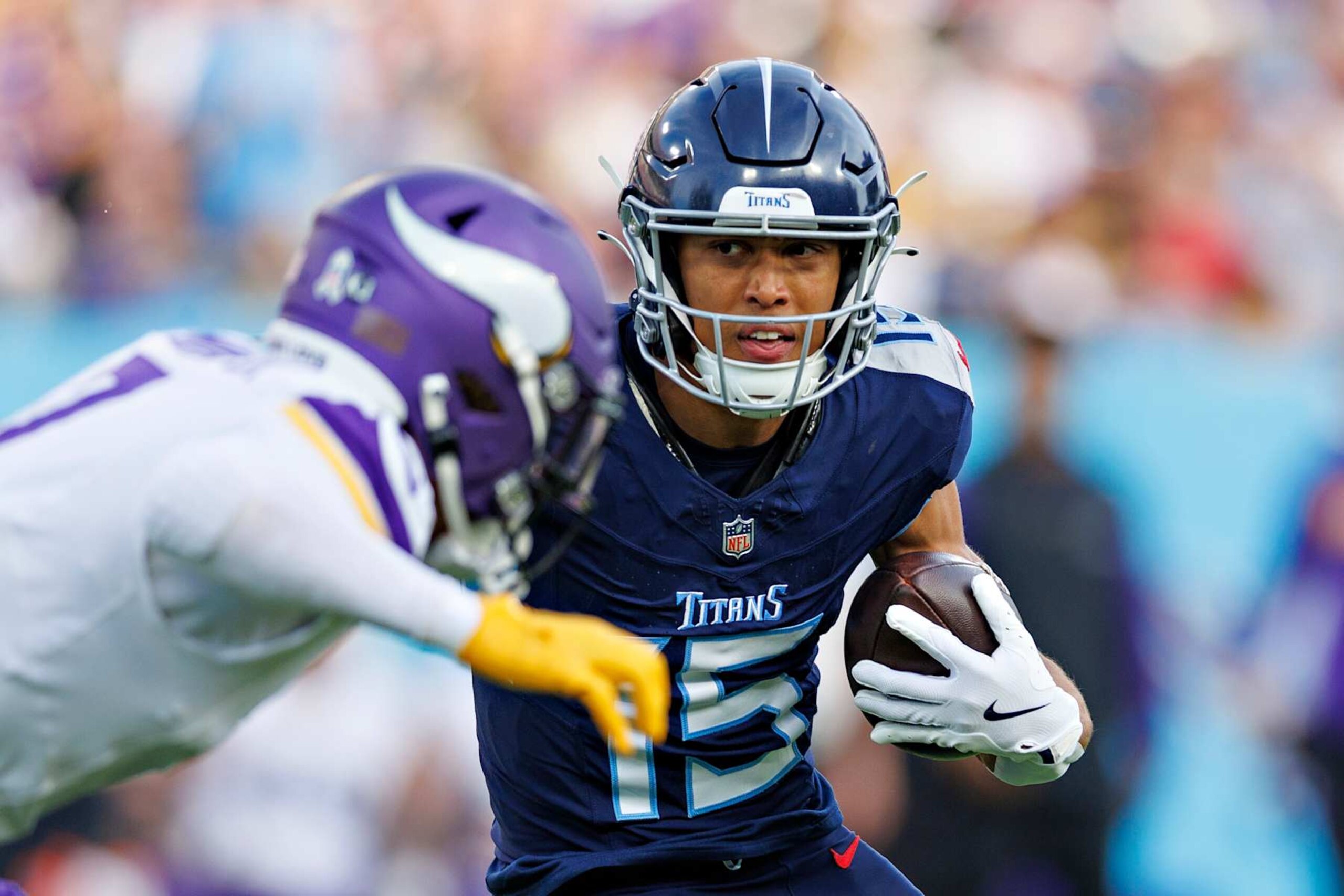 NASHVILLE, TENNESSEE - NOVEMBER 17:  Nick Westbrook-Ikhine #15 of the Tennessee Titans runs the ball during a game against the Minnesota Vikings at Nissan Stadium on November 17, 2024 in Nashville, Tennessee. The Vikings defeated the Titans 23-13. (Photo by Wesley Hitt/Getty Images)