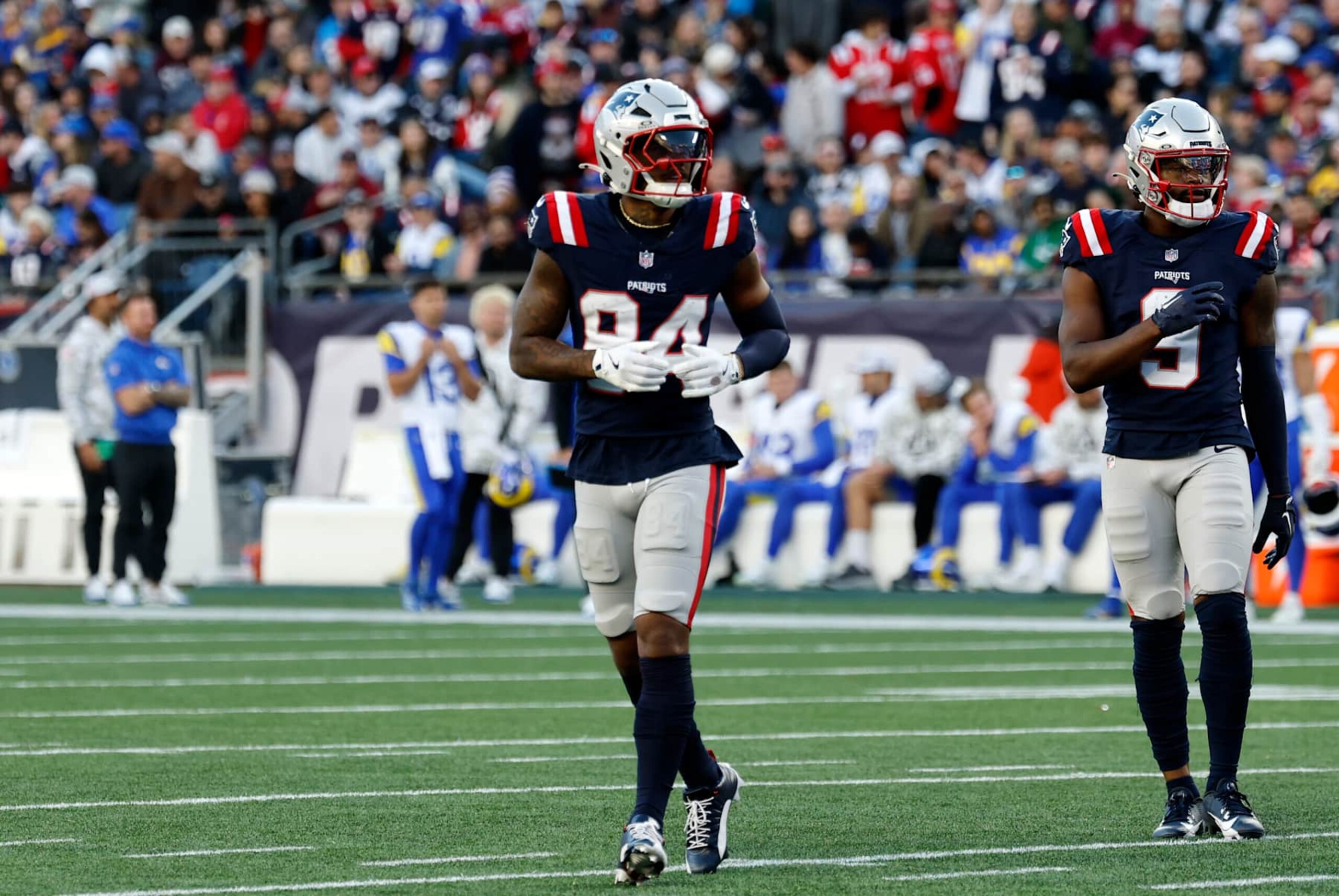 FOXBOROUGH, MA - NOVEMBER 17: New England Patriots wide receiver Kendrick Bourne (84) during a game between the New England Patriots and the Los Angeles Rams on November 17, 2024, at Gillette Stadium in Foxborough, Massachusetts. (Photo by Fred Kfoury III/Icon Sportswire via Getty Images)
