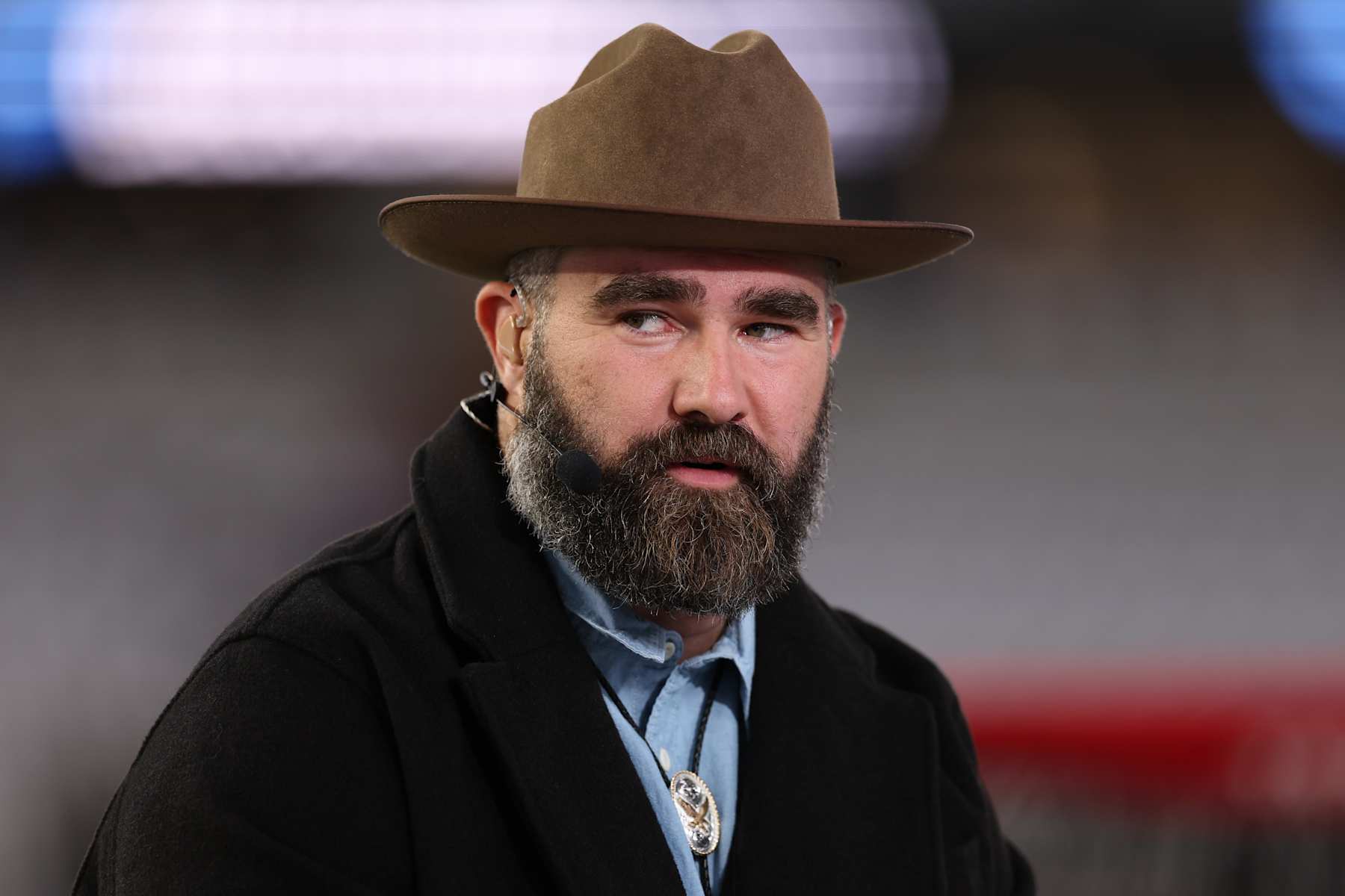 ARLINGTON, TEXAS - NOVEMBER 18: ESPN broadcaster Jason Kelce presents from the desk prior to the game between the Dallas Cowboys and the Houston Texans at AT&T Stadium on November 18, 2024 in Arlington, Texas. (Photo by Sam Hodde/Getty Images)
