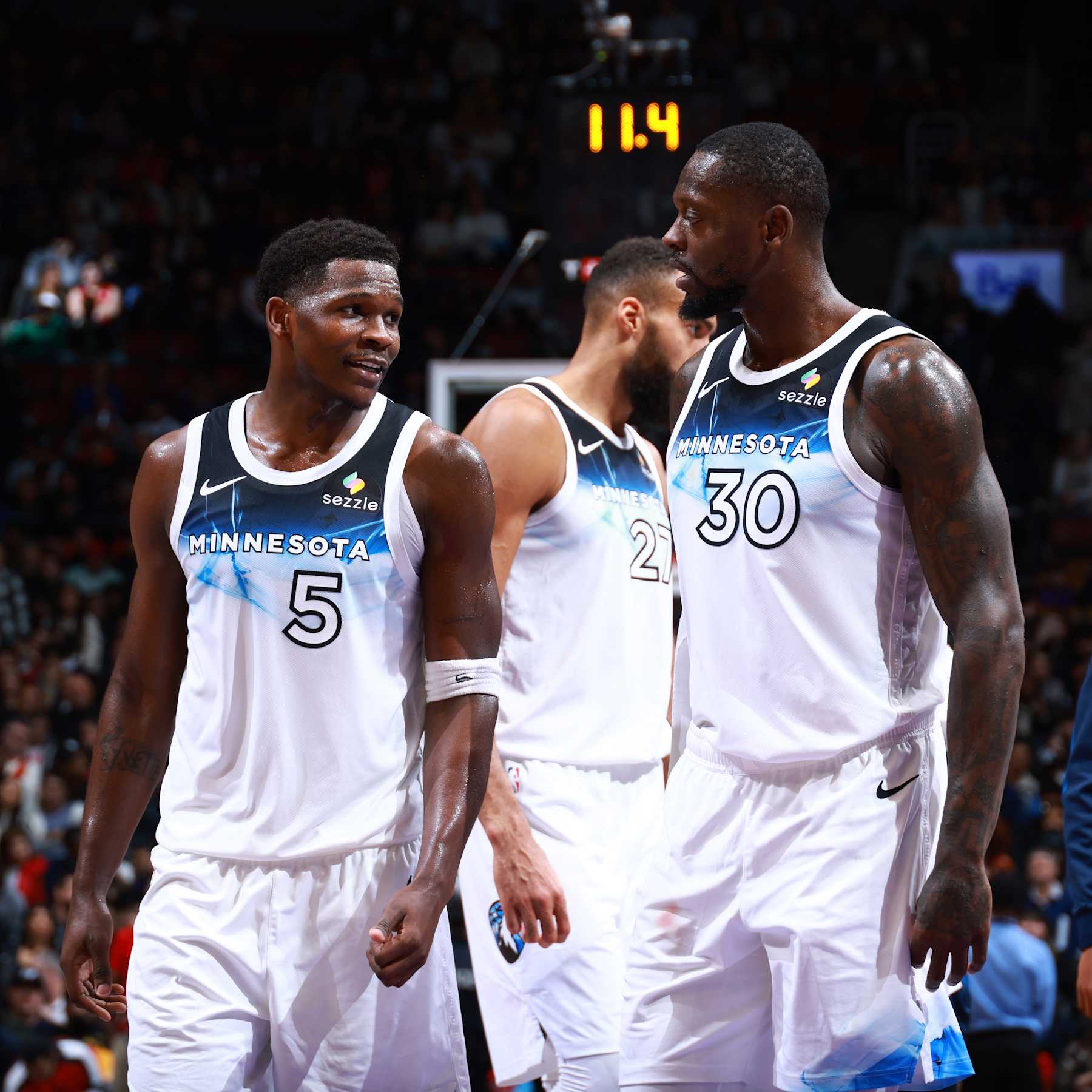 TORONTO, CANADA - NOVEMBER 21: Anthony Edwards #5 and Julius Randle #30 of the Minnesota Timberwolves talk during the game against the Toronto Raptors on November 21, 2024 at the Scotiabank Arena in Toronto, Ontario, Canada. NOTE TO USER: User expressly acknowledges and agrees that, by downloading and or using this Photograph, user is consenting to the terms and conditions of the Getty Images License Agreement. Mandatory Copyright Notice: Copyright 2024 NBAE (Photo by Vaughn Ridley/NBAE via Getty Images) TORONTO, CANADA - NOVEMBER 21: Anthony Edwards #5 and Julius Randle #30 of the Minnesota Timberwolves talk during the game against the Toronto Raptors on November 21, 2024 at the Scotiabank Arena in Toronto, Ontario, Canada. NOTE TO USER: User expressly acknowledges and agrees that, by downloading and or using this Photograph, user is consenting to the terms and conditions of the Getty Images License Agreement. Mandatory Copyright Notice: Copyright 2024 NBAE (Photo by Vaughn Ridley/NBAE via Getty Images)