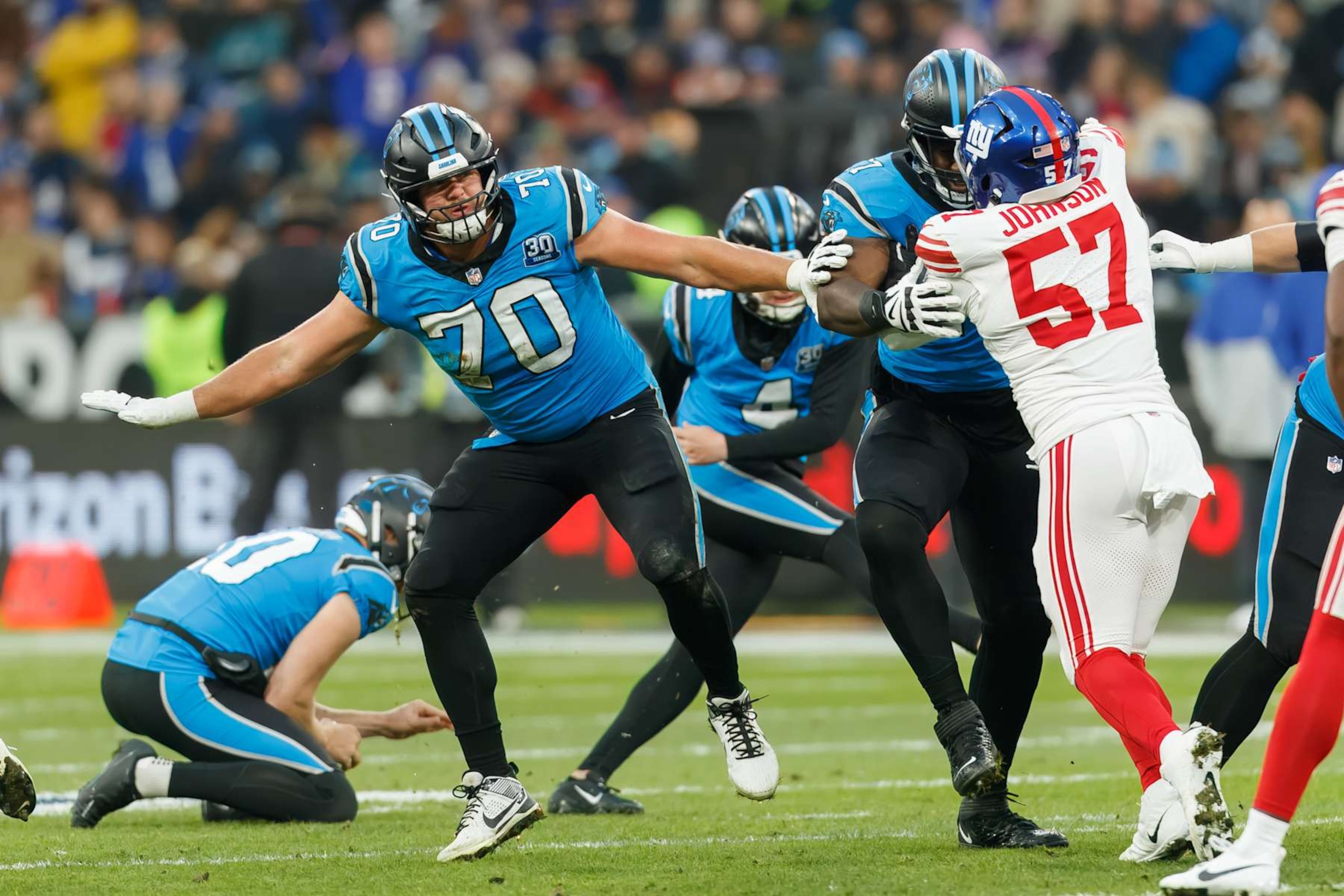 Munich, Germany - November 10: Brady Christensen of Carolina Pamthers looks on during the NFL Munich Game 2024 between New York Giants and Carolina Panthers at Allianz Arena on November 10, 2024 in Munich, Germany. (Photo by Mario Hommes/DeFodi Images via Getty Images)
