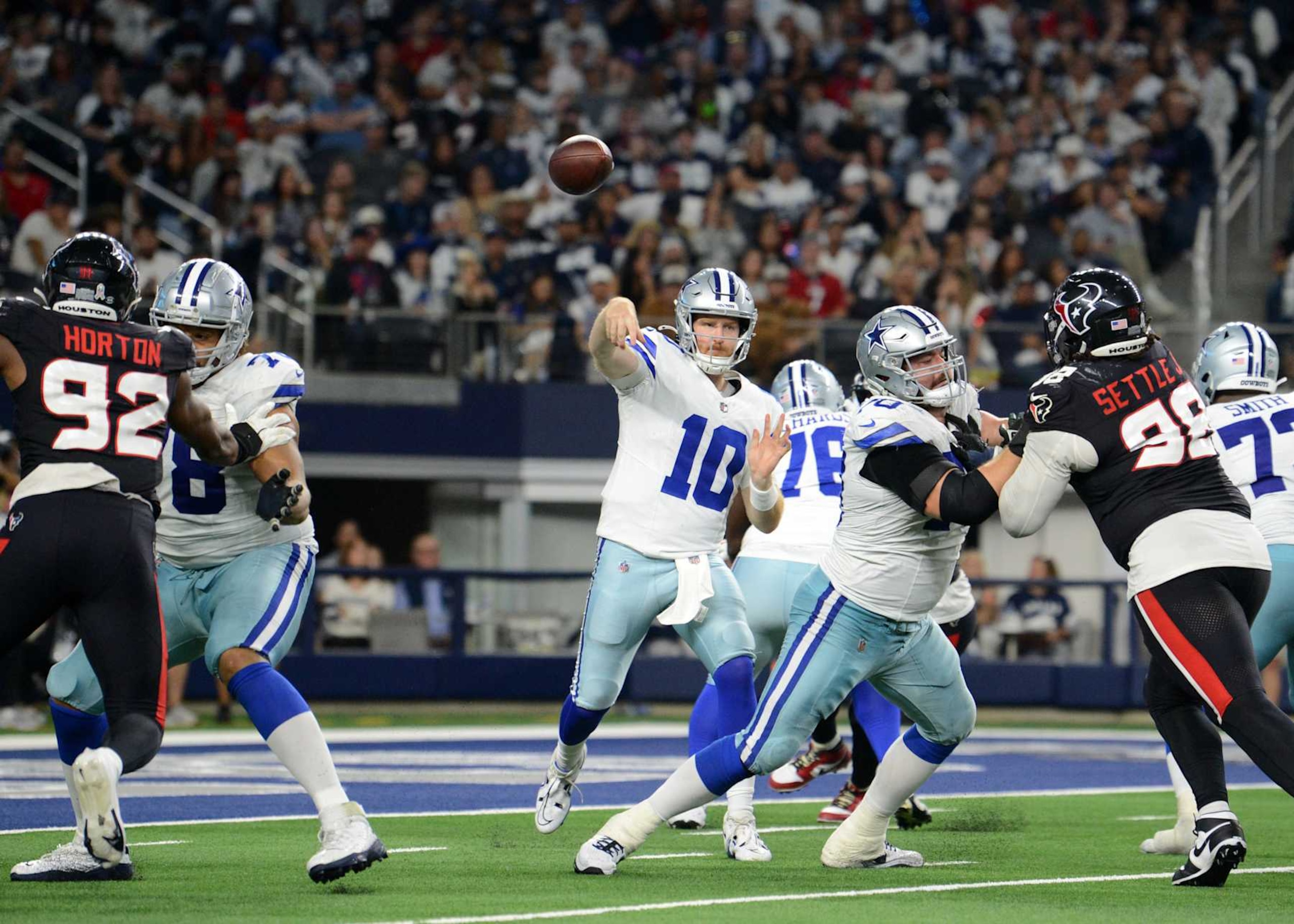 ARLINGTON, TX - NOVEMBER 18: Dallas Cowboys QB Cooper Rush throws a pass during game featuring the Houston Texans and the Dallas Cowboys on November 18, 2024 at AT&T Stadium in Arlington, TX. (Photo by John Rivera/Icon Sportswire via Getty Images)