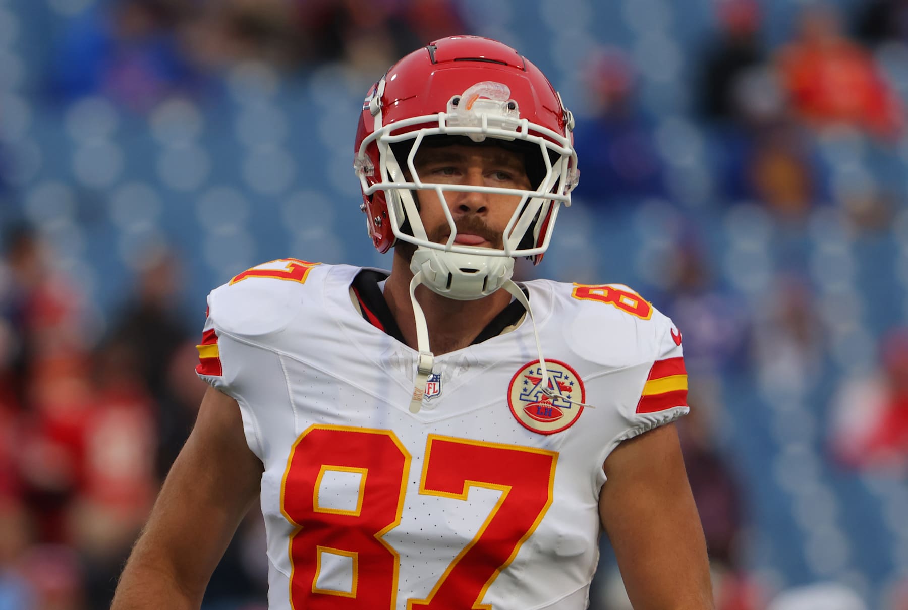 ORCHARD PARK, NEW YORK - NOVEMBER 17: Travis Kelce #87 of the Kansas City Chiefs on the field before a game against the Buffalo Bills at Highmark Stadium on November 17, 2024 in Orchard Park, New York. (Photo by Timothy T Ludwig/Getty Images)