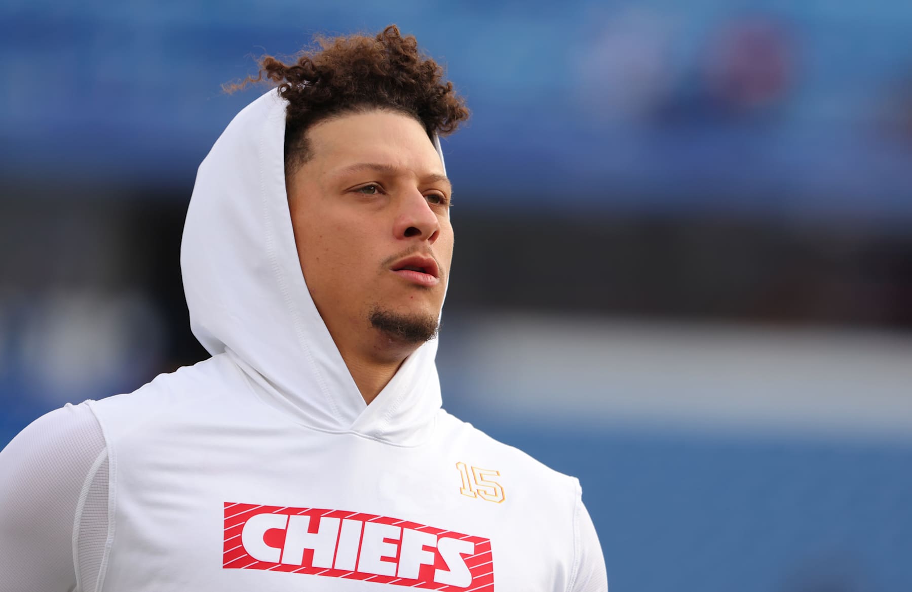 ORCHARD PARK, NEW YORK - NOVEMBER 17: Patrick Mahomes #15 of the Kansas City Chiefs on the field before a game against the Buffalo Bills at Highmark Stadium on November 17, 2024 in Orchard Park, New York. (Photo by Timothy T Ludwig/Getty Images)