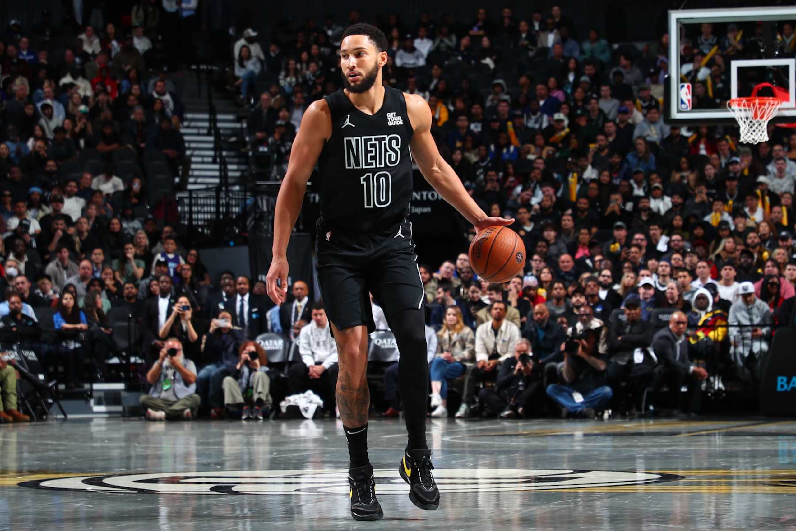 BROOKLYN, NY - NOVEMBER 19: Ben Simmons #10 of the Brooklyn Nets dribbles the ball during the game against the Charlotte Hornets during an Emirates NBA Cup game on November 19, 2024 at Barclays Center in Brooklyn, New York. NOTE TO USER: User expressly acknowledges and agrees that, by downloading and or using this Photograph, user is consenting to the terms and conditions of the Getty Images License Agreement. Mandatory Copyright Notice: Copyright 2024 NBAE (Photo by David L. Nemec/NBAE via Getty Images)
