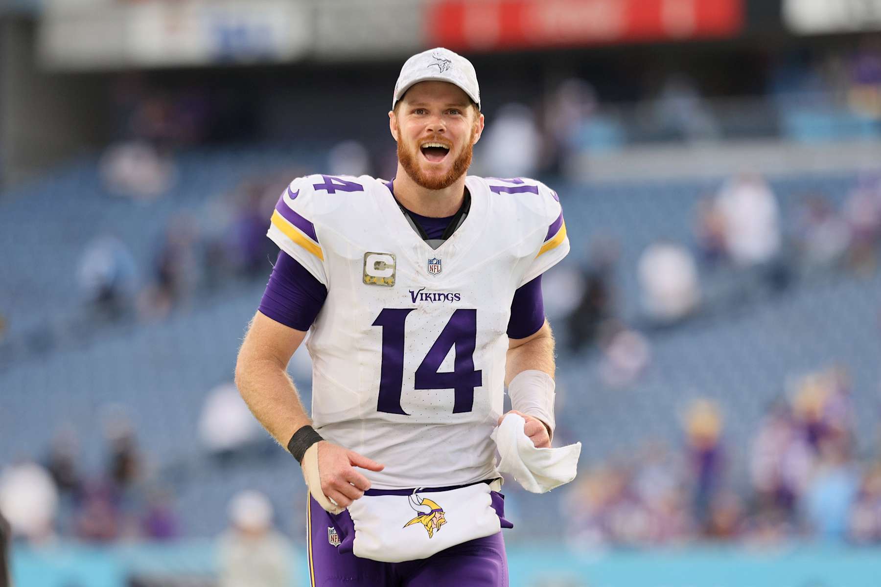 NASHVILLE, TENNESSEE - NOVEMBER 17: Sam Darnold #14 of the Minnesota Vikings reacts after the Vikings defeated the Tennessee Titans, 23-13, at Nissan Stadium on November 17, 2024 in Nashville, Tennessee. (Photo by Andy Lyons/Getty Images)