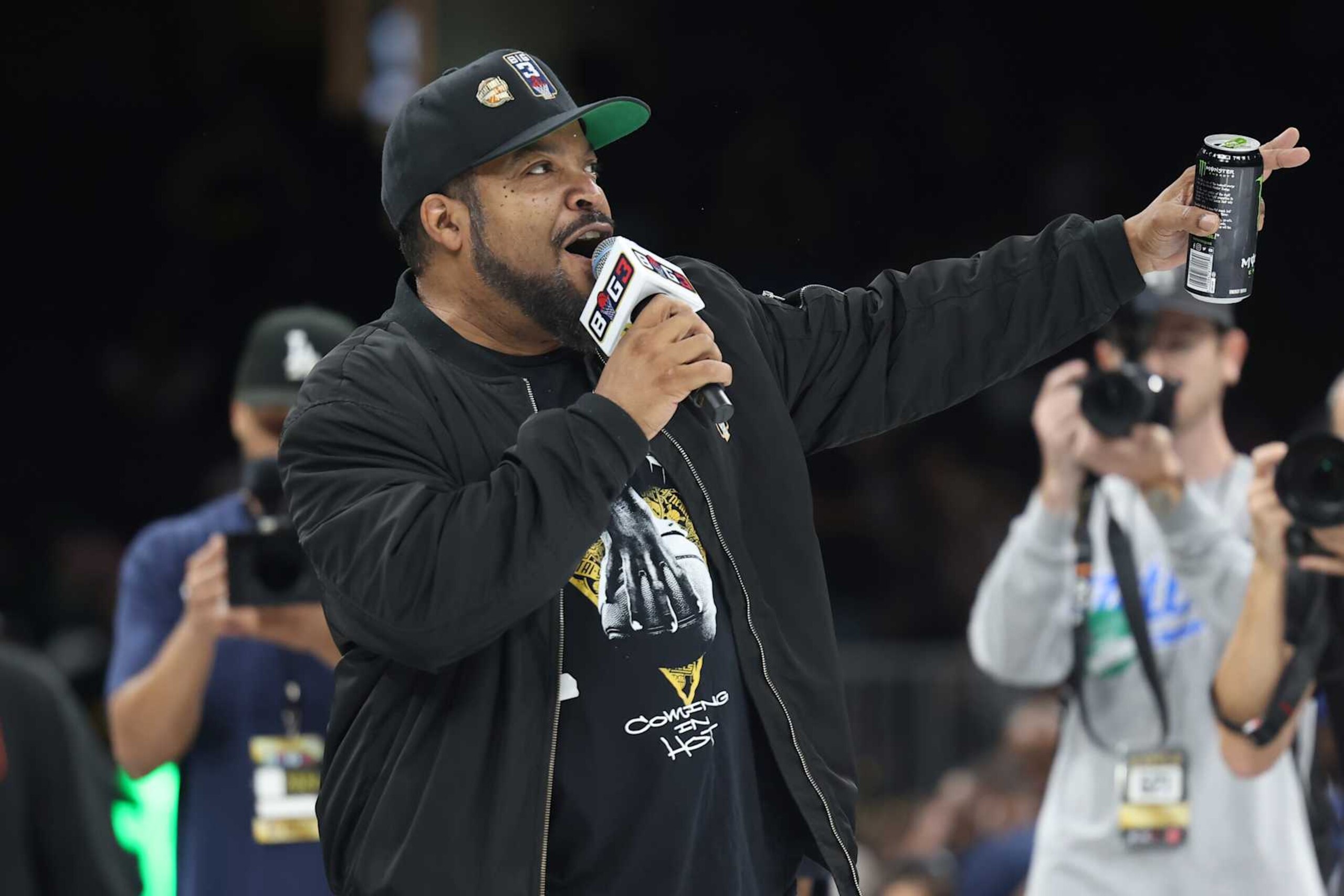 BOSTON, MASSACHUSETTS - AUGUST 18: Ice Cube speaks during the Third Annual Monster Energy Big3 Celebrity Game at the TD Garden on August 18, 2024 in Boston, Massachusetts.  (Photo by Scott Eisen/Getty Images for Idol Roc Entertainment)