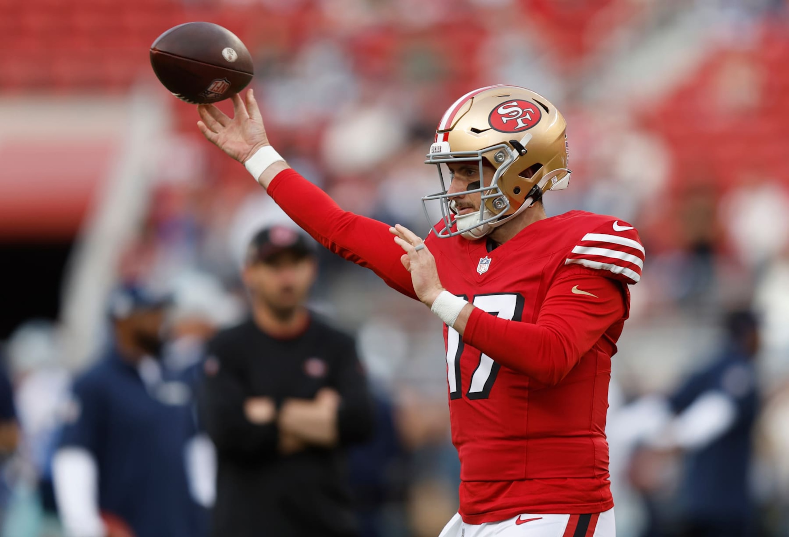 SANTA CLARA, CALIFORNIA - OCTOBER 27: Brandon Allen #17 of the San Francisco 49ers warms up prior to a game against the Dallas Cowboys at Levi's Stadium on October 27, 2024 in Santa Clara, California. (Photo by Lachlan Cunningham/Getty Images) SANTA CLARA, CALIFORNIA - OCTOBER 27: Brandon Allen #17 of the San Francisco 49ers warms up prior to a game against the Dallas Cowboys at Levi's Stadium on October 27, 2024 in Santa Clara, California. (Photo by Lachlan Cunningham/Getty Images)