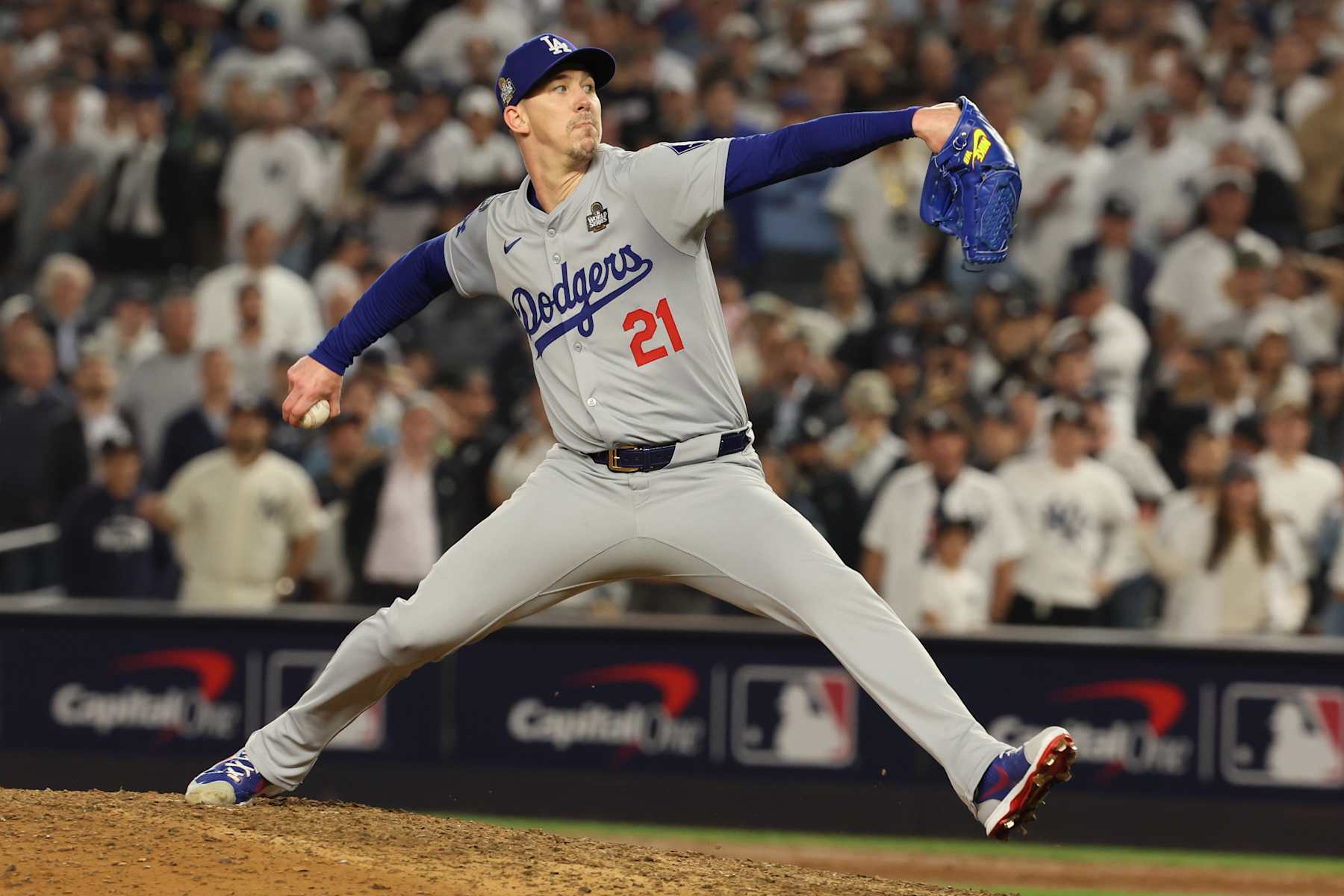 BRONX, NEW YORK - OCTOBER 30, 2024: Los Angeles Dodgers pitcher Walker Buehler (21) pitches in the ninth inning. Game 5 of the World Series against the Yankees at Yankees Stadium in New York City Wednesday, October 30 2024. (Robert Gauthier/Los Angeles Times via Getty Images)