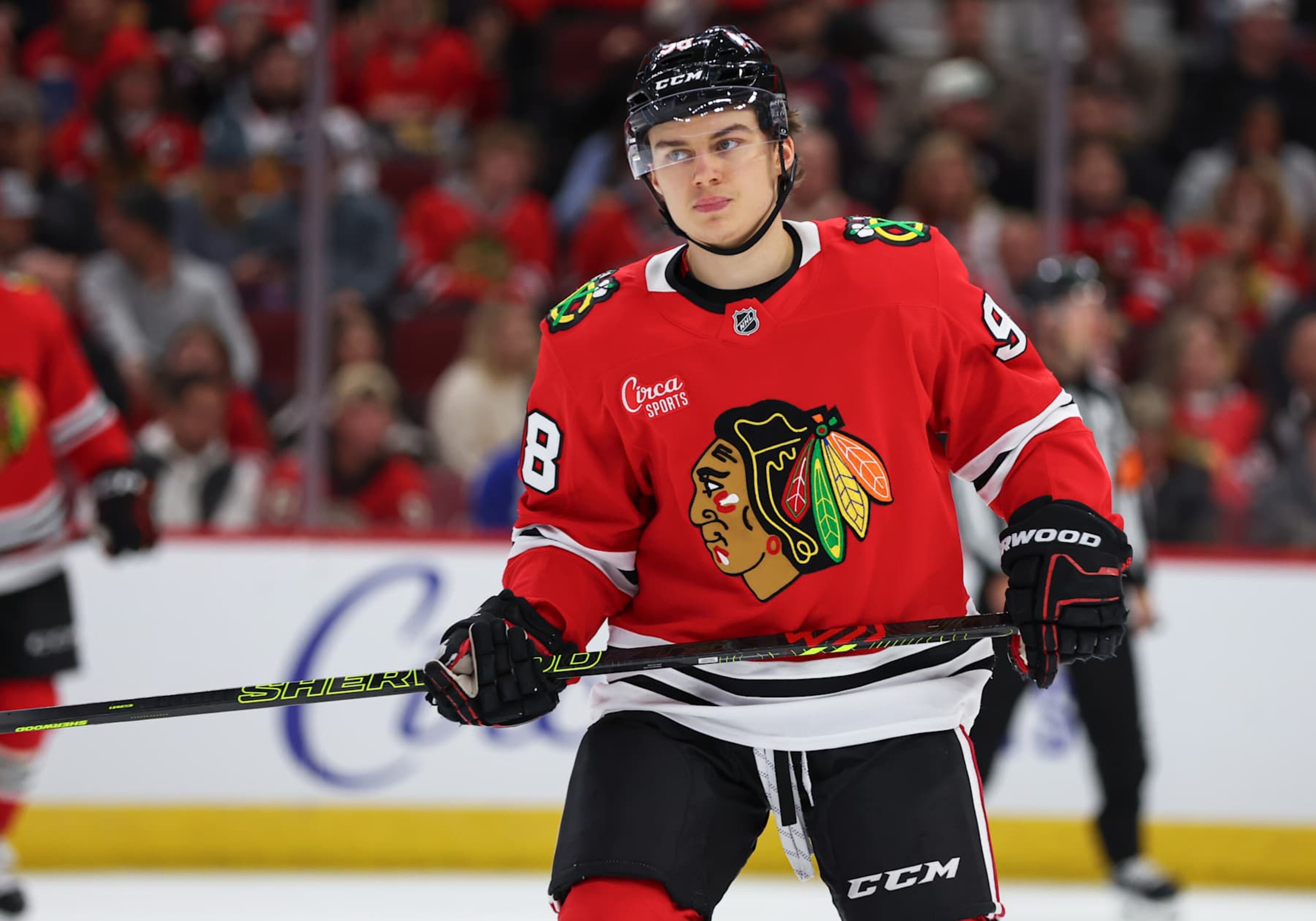 CHICAGO, IL - NOVEMBER 21: Connor Bedard #98 of the Chicago Blackhawks during the second period against the Florida Panthers on November, 21, 2024 at the United Center in Chicago, Illinois. (Photo by Melissa Tamez/Icon Sportswire via Getty Images)