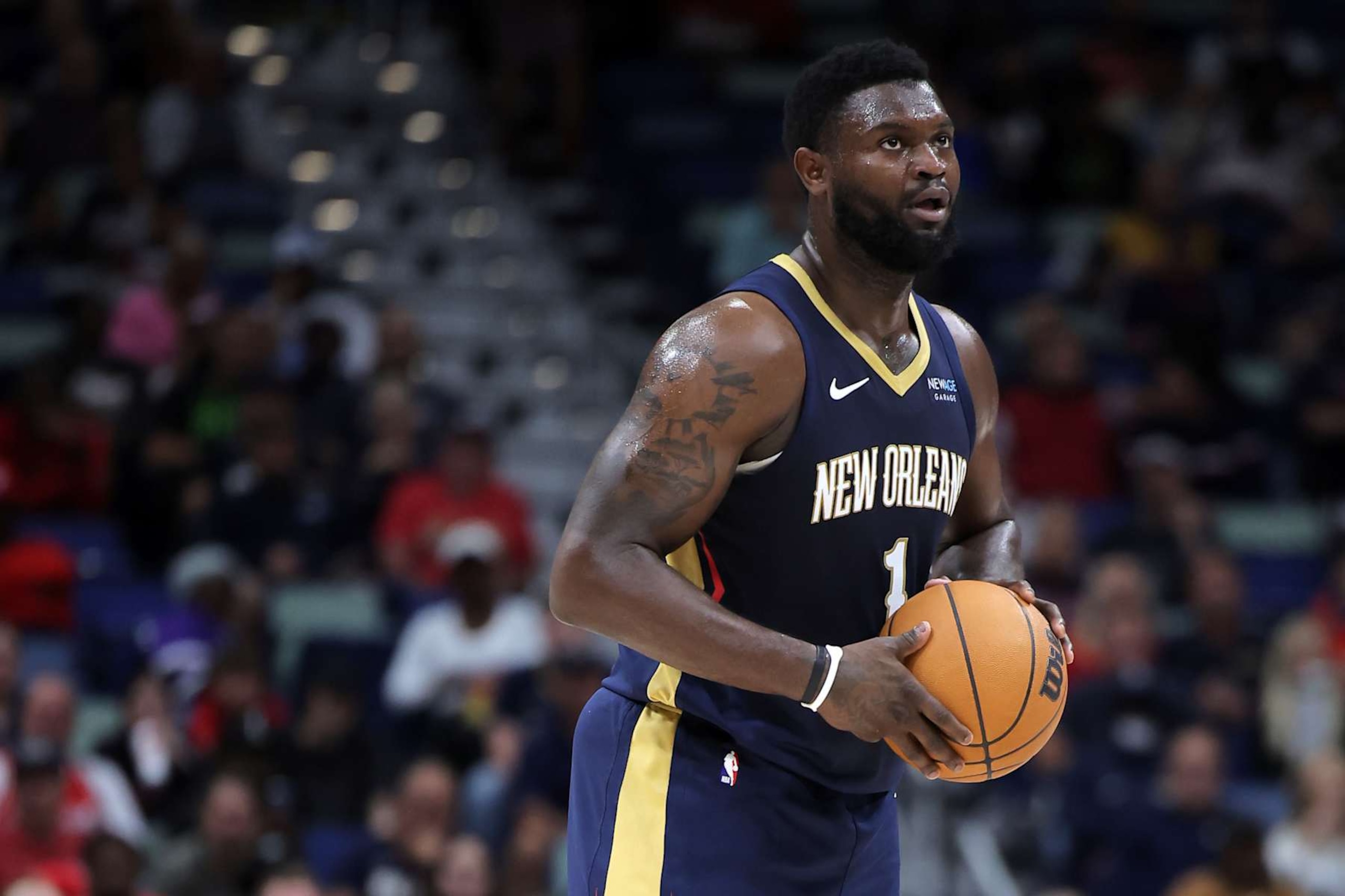 NEW ORLEANS, LOUISIANA - NOVEMBER 06: Zion Williamson #1 of the New Orleans Pelicans drives with the ball against the Cleveland Cavaliers during the second half at the Smoothie King Center on November 06, 2024 in New Orleans, Louisiana. NOTE TO USER: User expressly acknowledges and agrees that, by downloading and or using this Photograph, user is consenting to the terms and conditions of the Getty Images License Agreement. (Photo by Jonathan Bachman/Getty Images) NEW ORLEANS, LOUISIANA - NOVEMBER 06: Zion Williamson #1 of the New Orleans Pelicans drives with the ball against the Cleveland Cavaliers during the second half at the Smoothie King Center on November 06, 2024 in New Orleans, Louisiana. NOTE TO USER: User expressly acknowledges and agrees that, by downloading and or using this Photograph, user is consenting to the terms and conditions of the Getty Images License Agreement. (Photo by Jonathan Bachman/Getty Images)